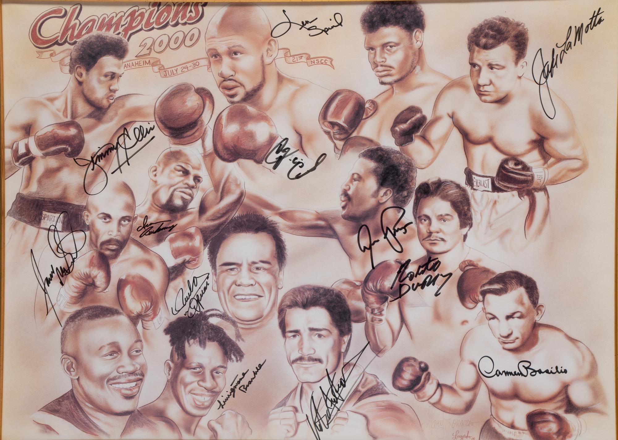 A Boxing Champions Signed Autograph Print Including Roberto Duran, Jake LaMotta and Diego "Chico" Corrales,