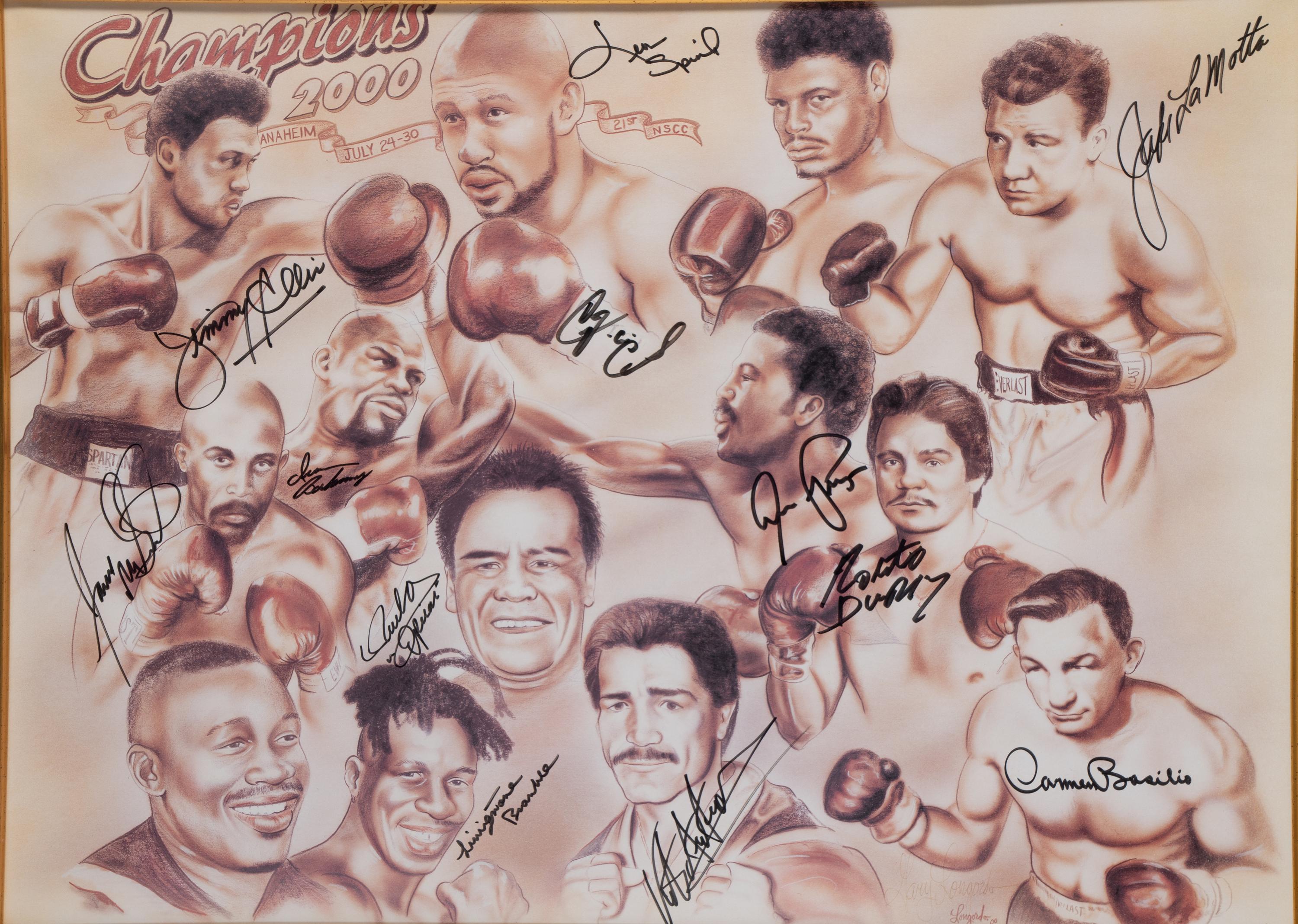 A Boxing Champions Signed Autograph Print Including Roberto Duran, Jake LaMotta and Diego "Chico" Corrales,