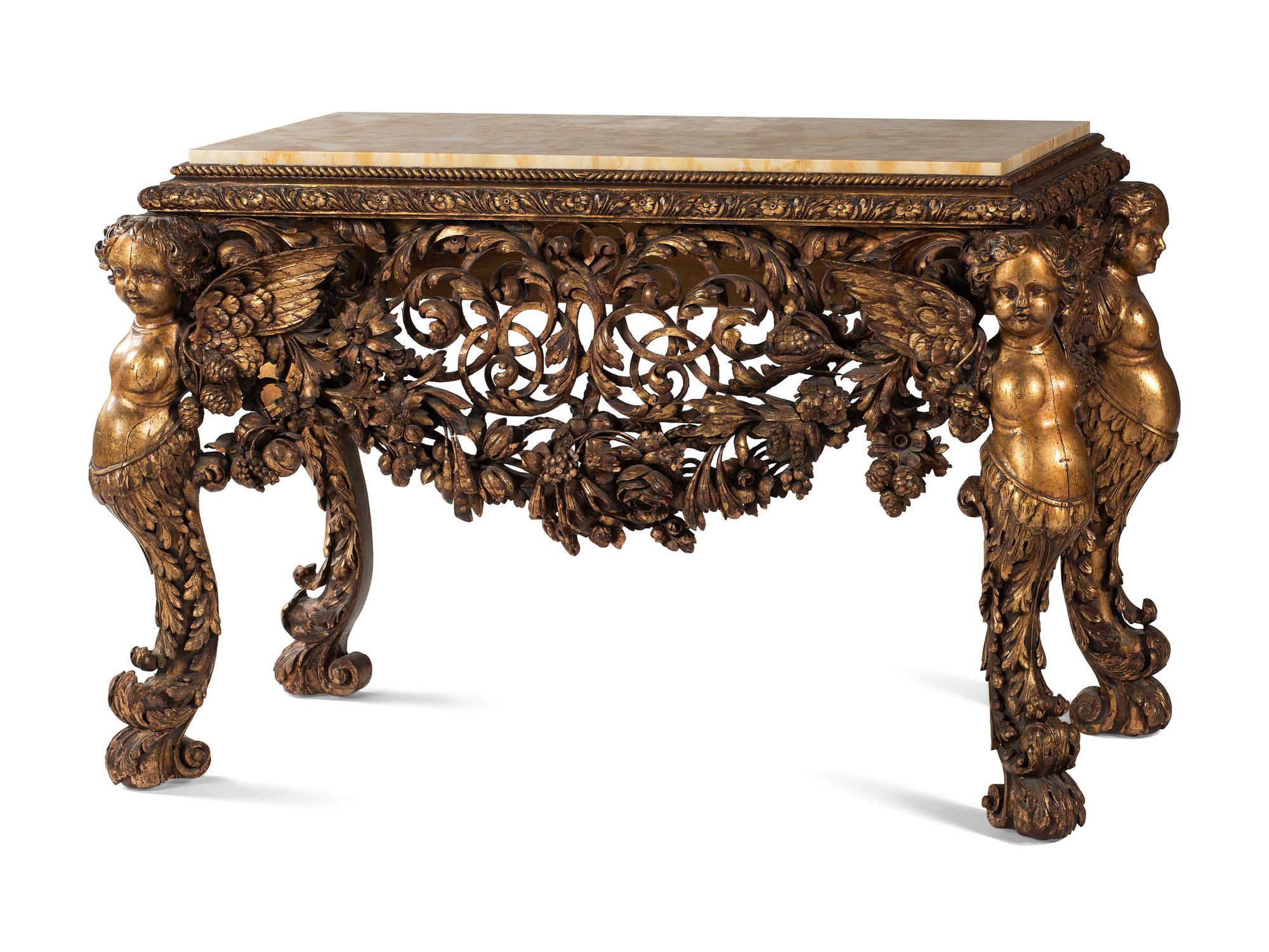 An Italian Baroque Style Carved Giltwood Marble-Top Console Table