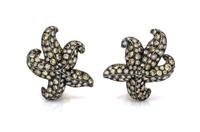 A Pair of 18 Karat Gold, Silver and Colored Diamond Earclips, Gioia, 8.50 dwts.