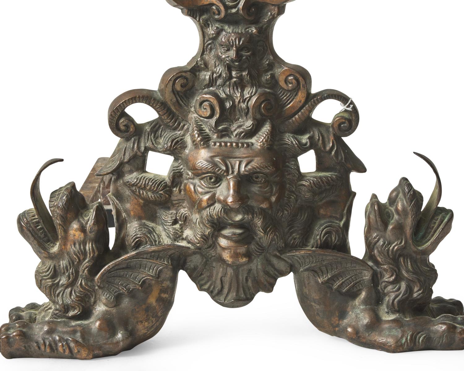 A large pair of Renaissance Revival bronze andirons, possibly Venice, Italy, 19th century