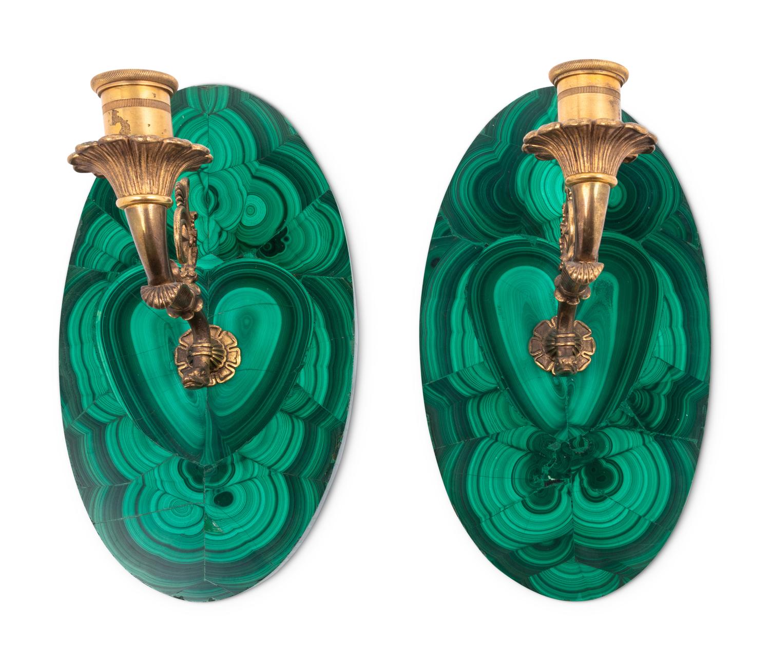A Pair of Gilt Metal and Malachite Veneered Single-Light Sconces