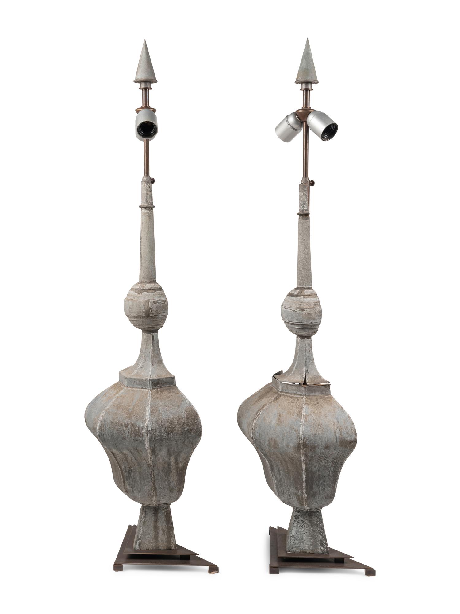 A Pair of Tôle Baluster Finials Mounted as Lamps