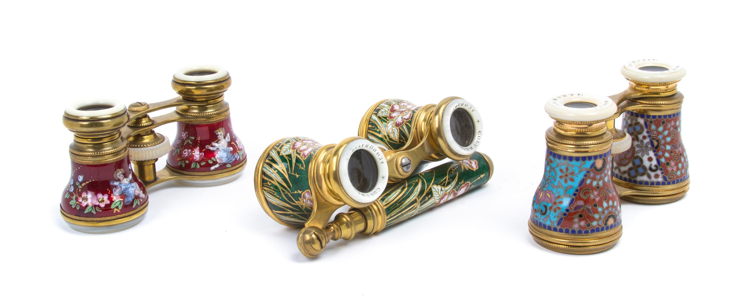 Three Pairs of Continental Enameled Opera Glasses, Width of first 4 inches.