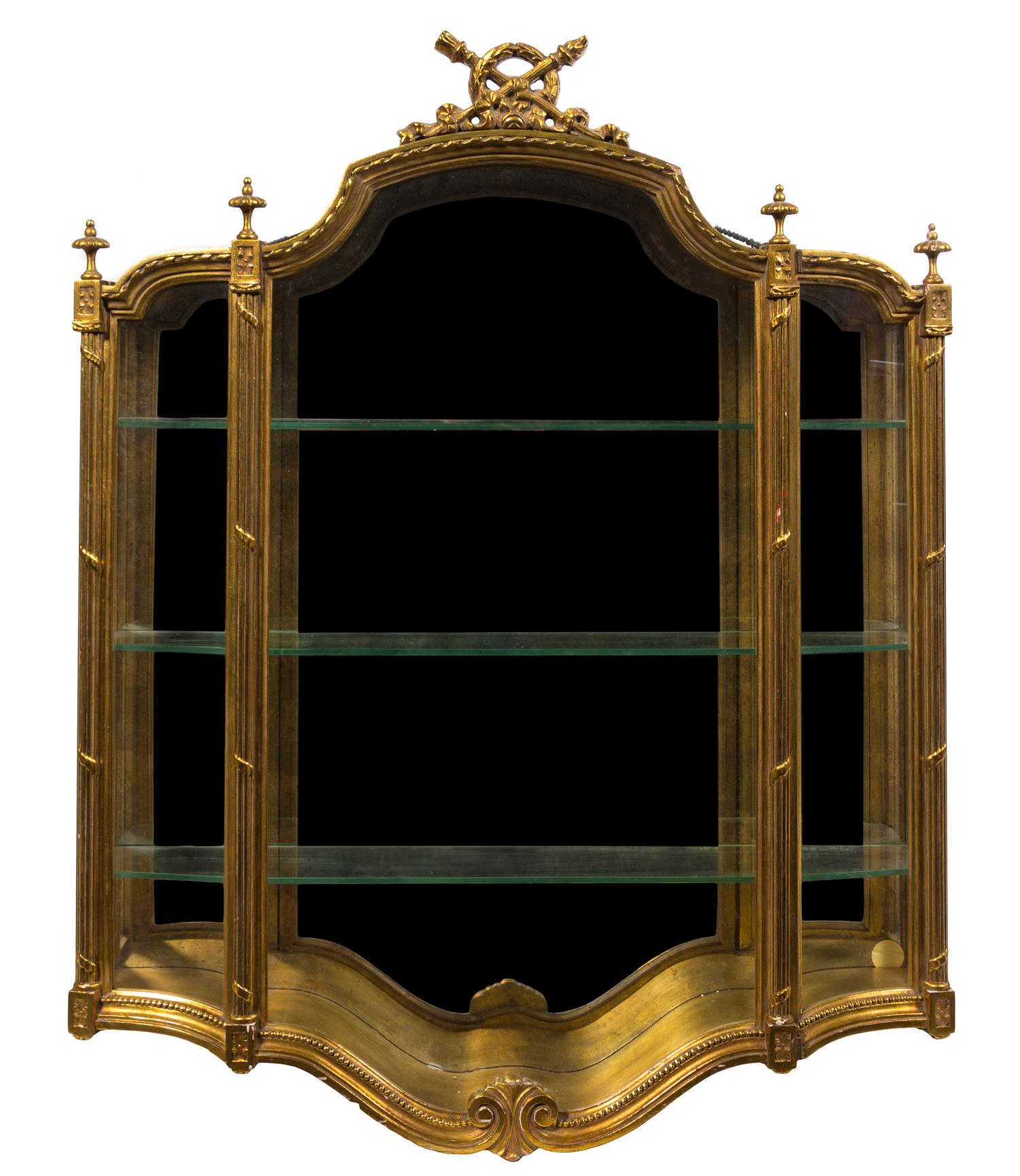 A Louis XVI Style Giltwood Hanging Vitrine Height 39 x width 34 x depth 6 1/2 inches. — EARLY 20TH CENTURY