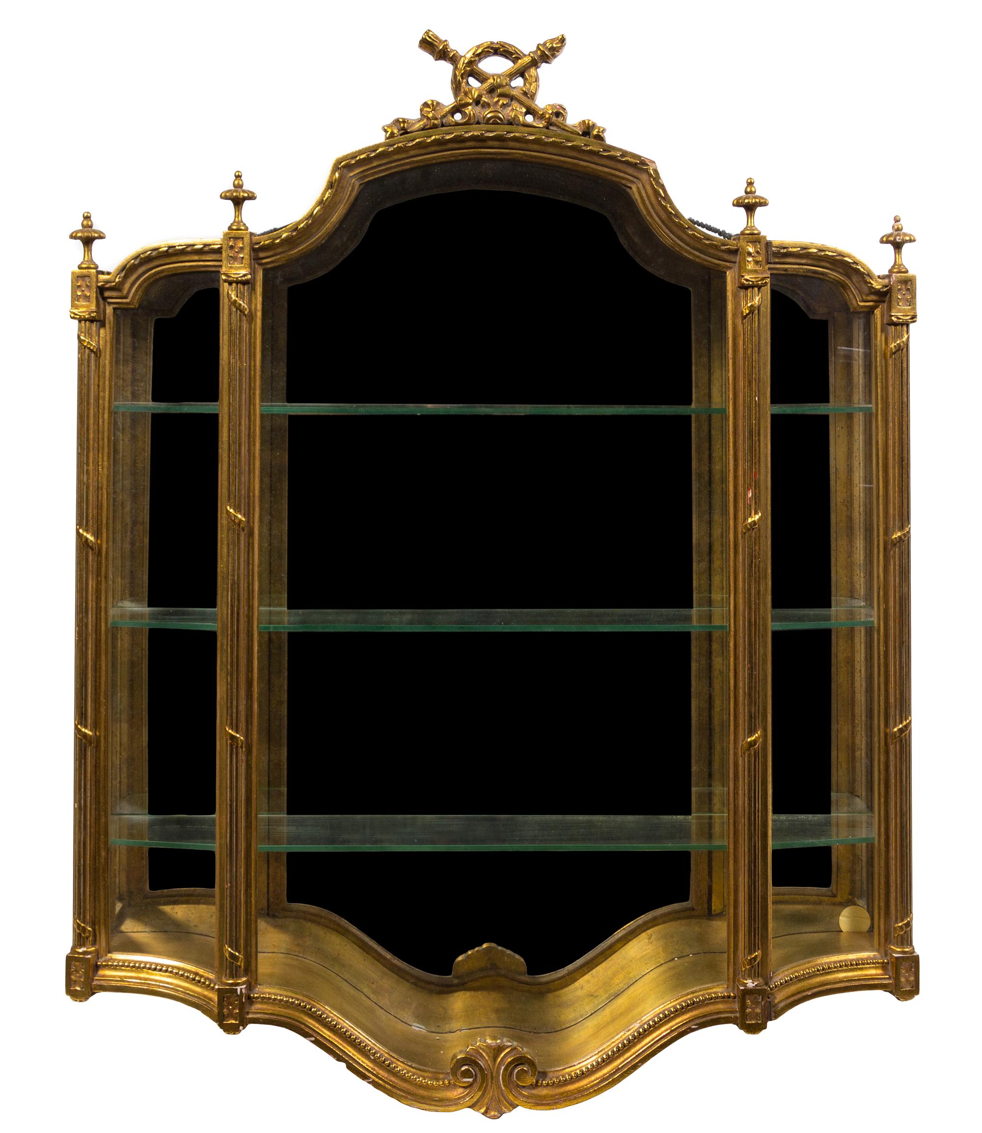 A Louis XVI Style Giltwood Hanging Vitrine Height 39 x width 34 x depth 6 1/2 inches. — EARLY 20TH CENTURY