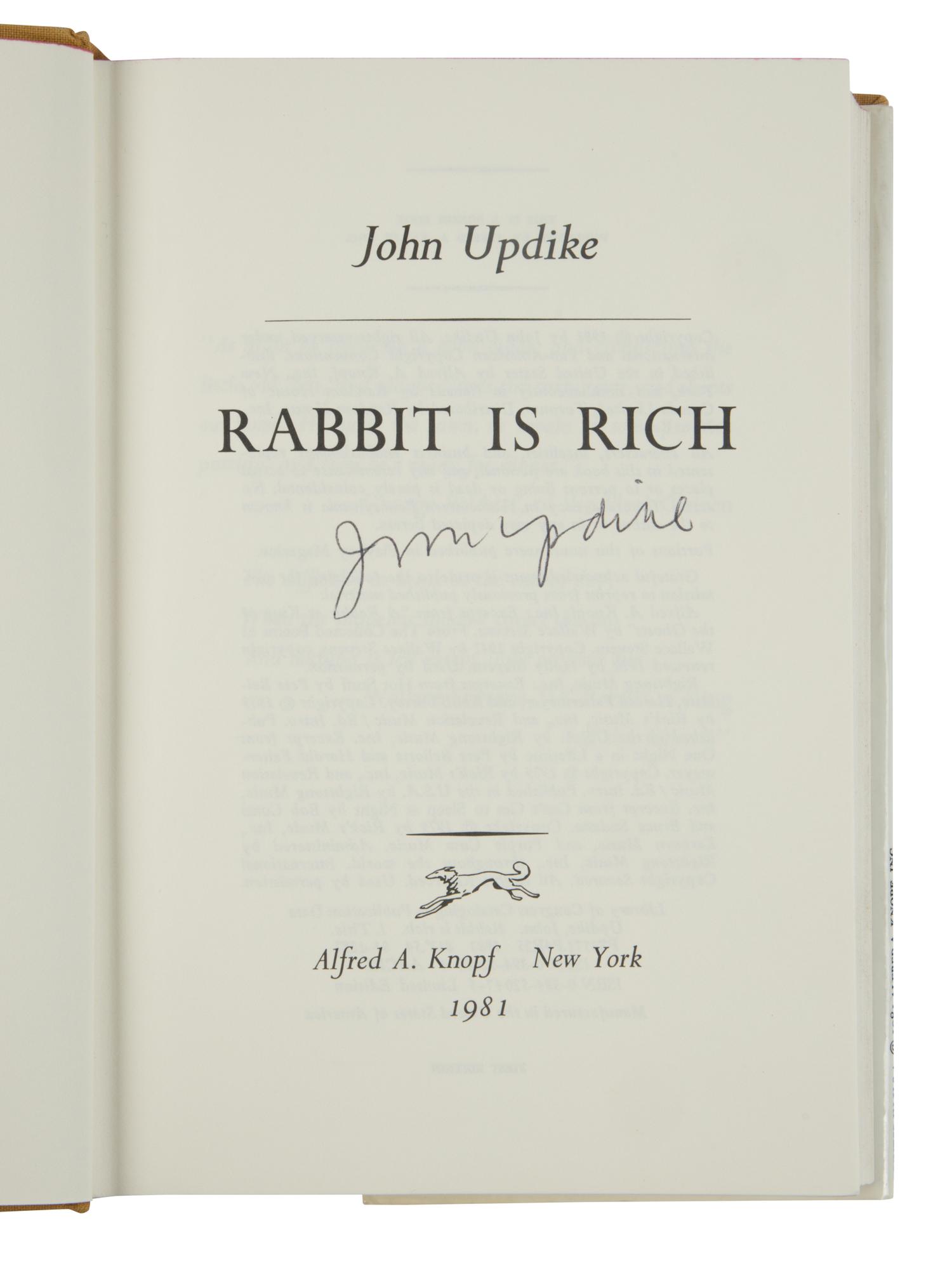UPDIKE, John (1932-2009). [Rabbit novels]. Comprising: Rabbit Run . 1960. -- Rabbit Redux . 1971. -- Rabbit is Rich . 1981. -- Rabbit at Rest . 1990. New York: Alfred A. Knopf.