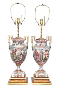 A Pair of Capo-di-Monte Porcelain Urns Height overall 33 inches. — 20TH CENTURY