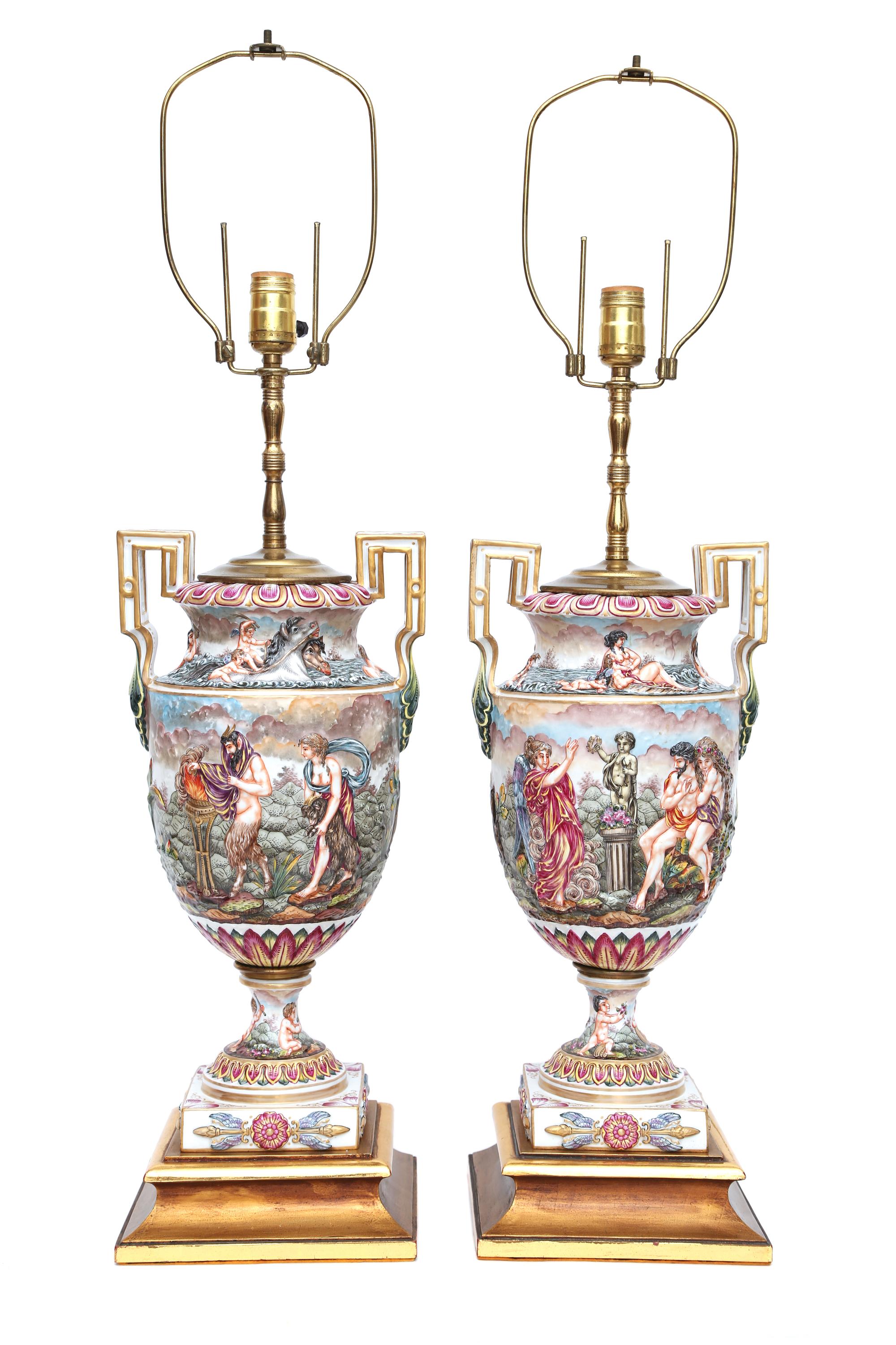 A Pair of Capo-di-Monte Porcelain Urns Height overall 33 inches. — 20TH CENTURY