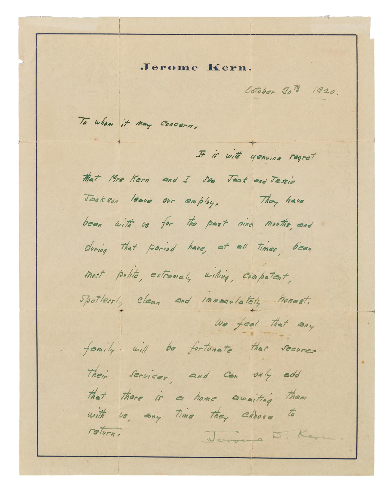 KERN, Jerome (1885-1945). Autograph letter signed ("Jerome D. Kern"), in green ink, to an unnamed recipient. N.p., 20 October 1920.