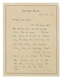 KERN, Jerome (1885-1945). Autograph letter signed ("Jerome D. Kern"), in green ink, to an unnamed recipient. N.p., 20 October 1920.