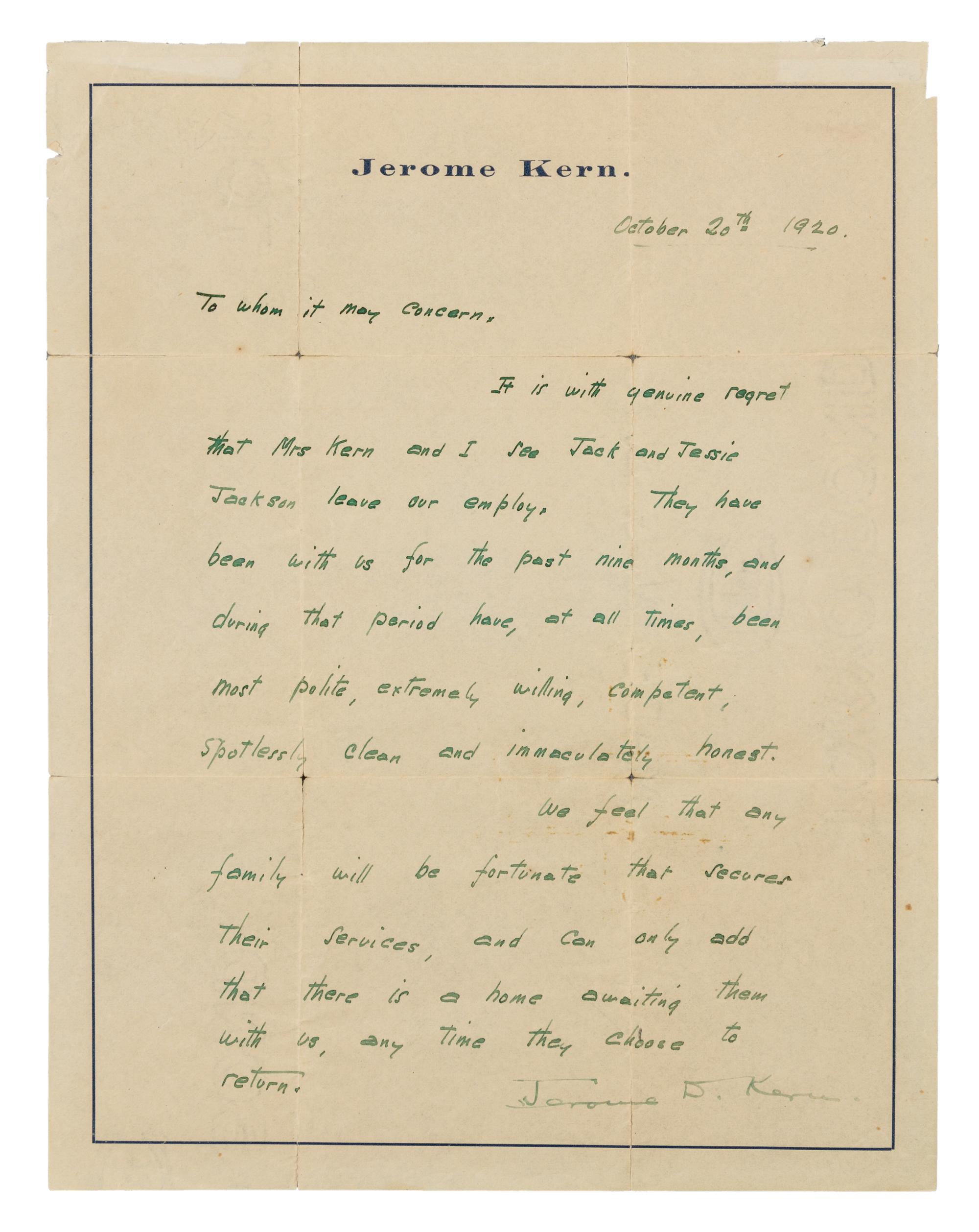 KERN, Jerome (1885-1945). Autograph letter signed ("Jerome D. Kern"), in green ink, to an unnamed recipient. N.p., 20 October 1920.