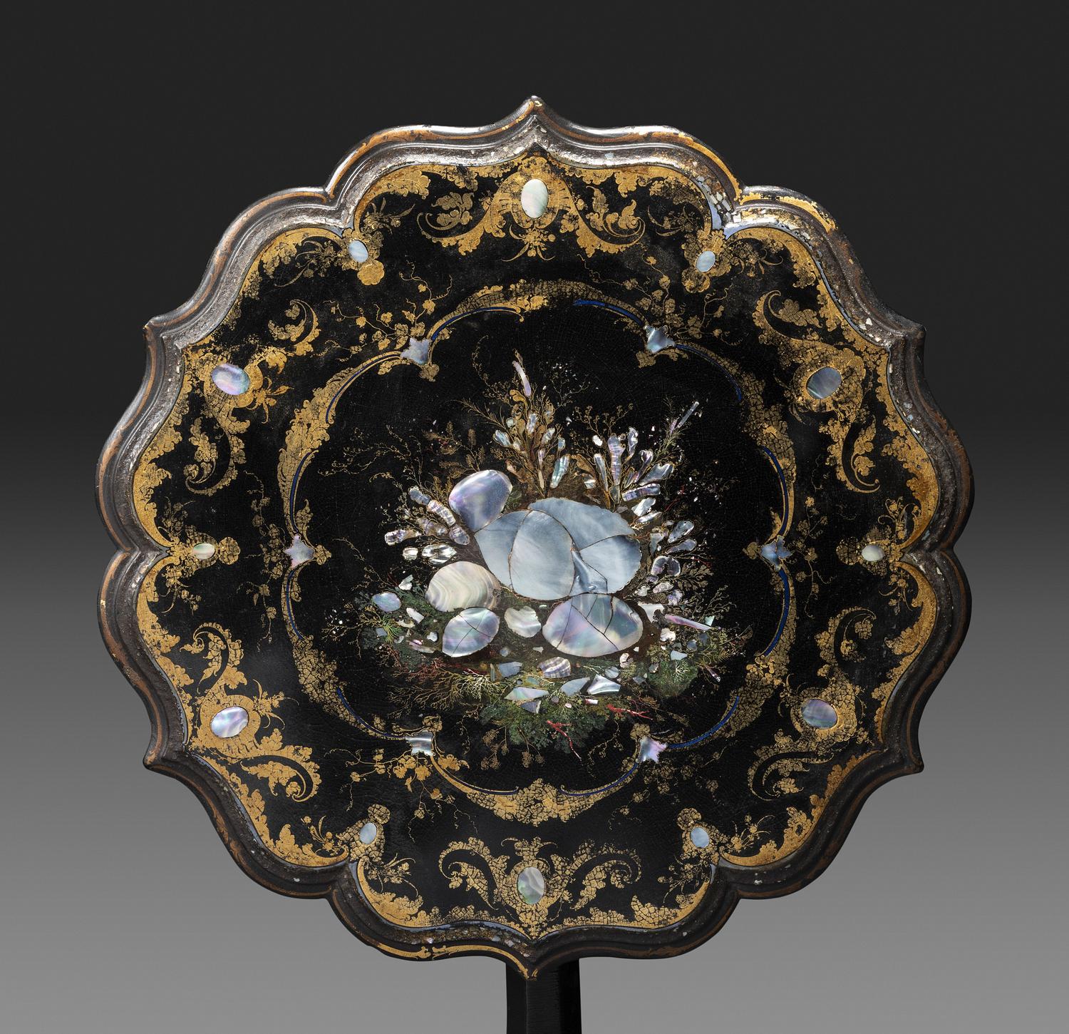 A Victorian Parcel-Gilt and Black Lacquered Mother-of-Pearl Inlaid Side Table and Side Chair