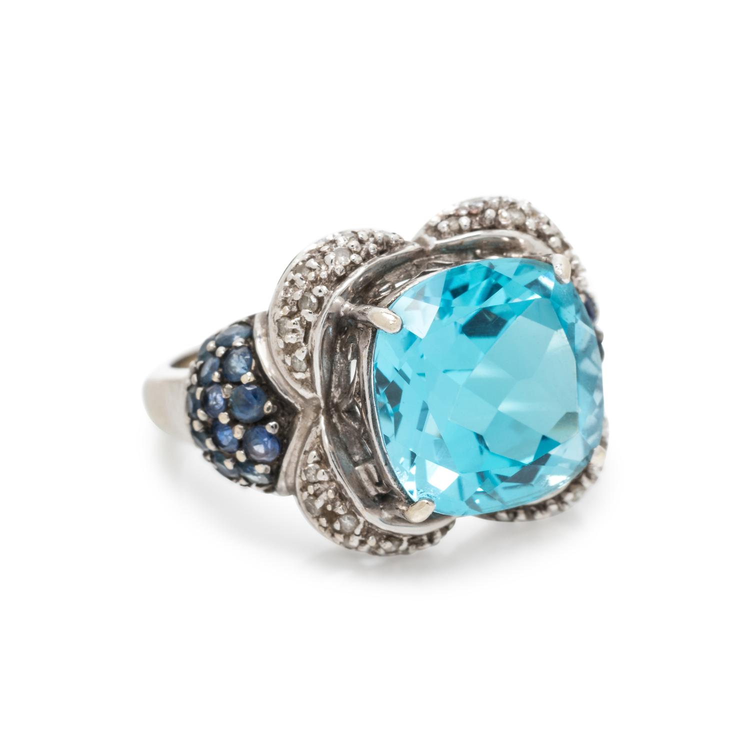 BLUE TOPAZ, DIAMOND AND SAPPHIRE RING
