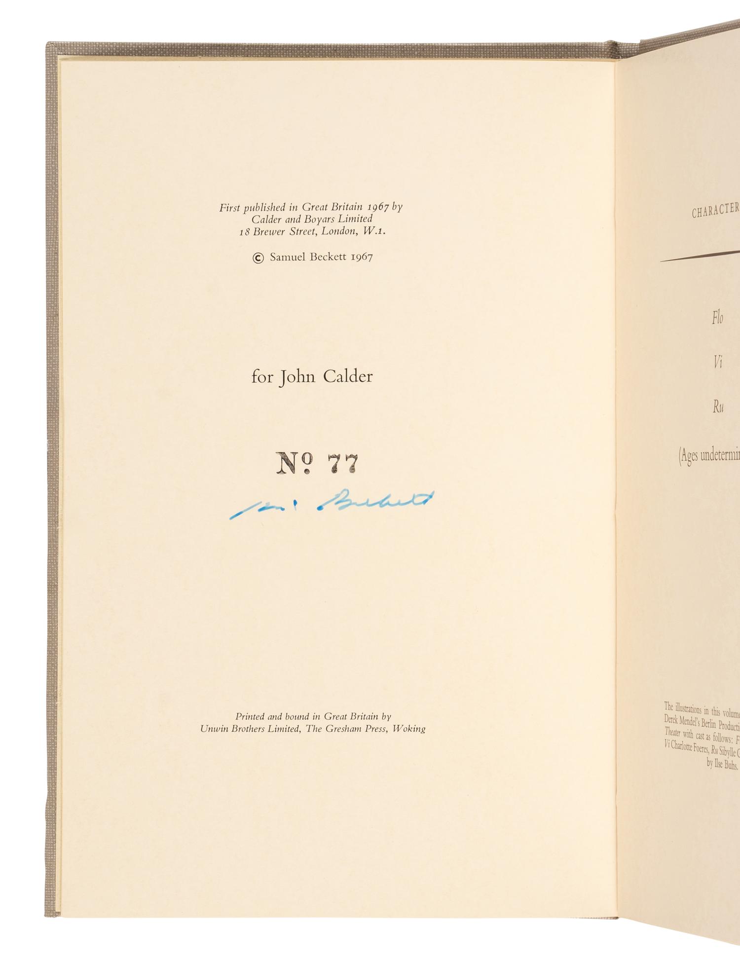 BECKETT, Samuel (1906-1989). Come and Go. Dramaticule . London: Calder & Boyars, 1967.