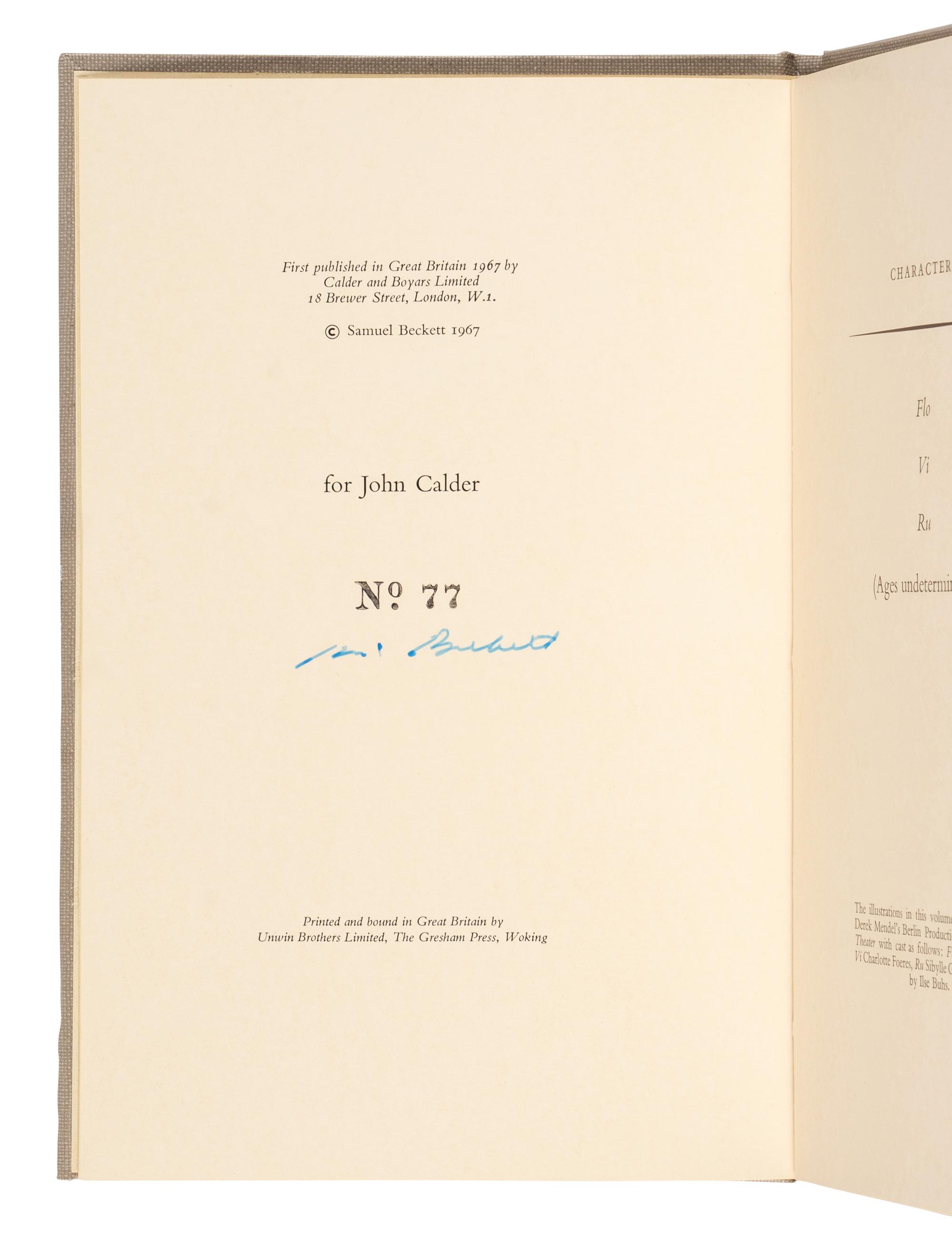 BECKETT, Samuel (1906-1989). Come and Go. Dramaticule . London: Calder & Boyars, 1967.