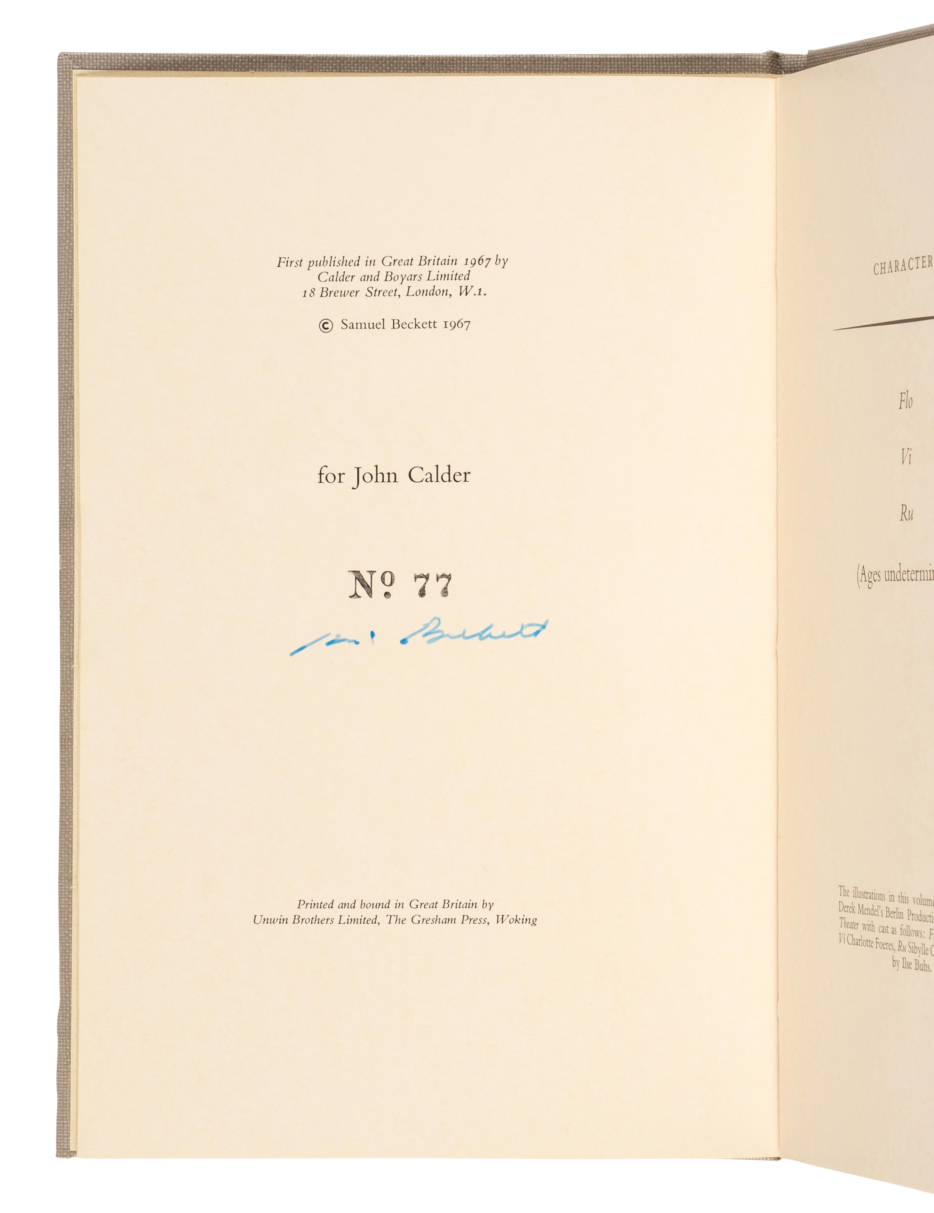 BECKETT, Samuel (1906-1989). Come and Go. Dramaticule . London: Calder & Boyars, 1967.