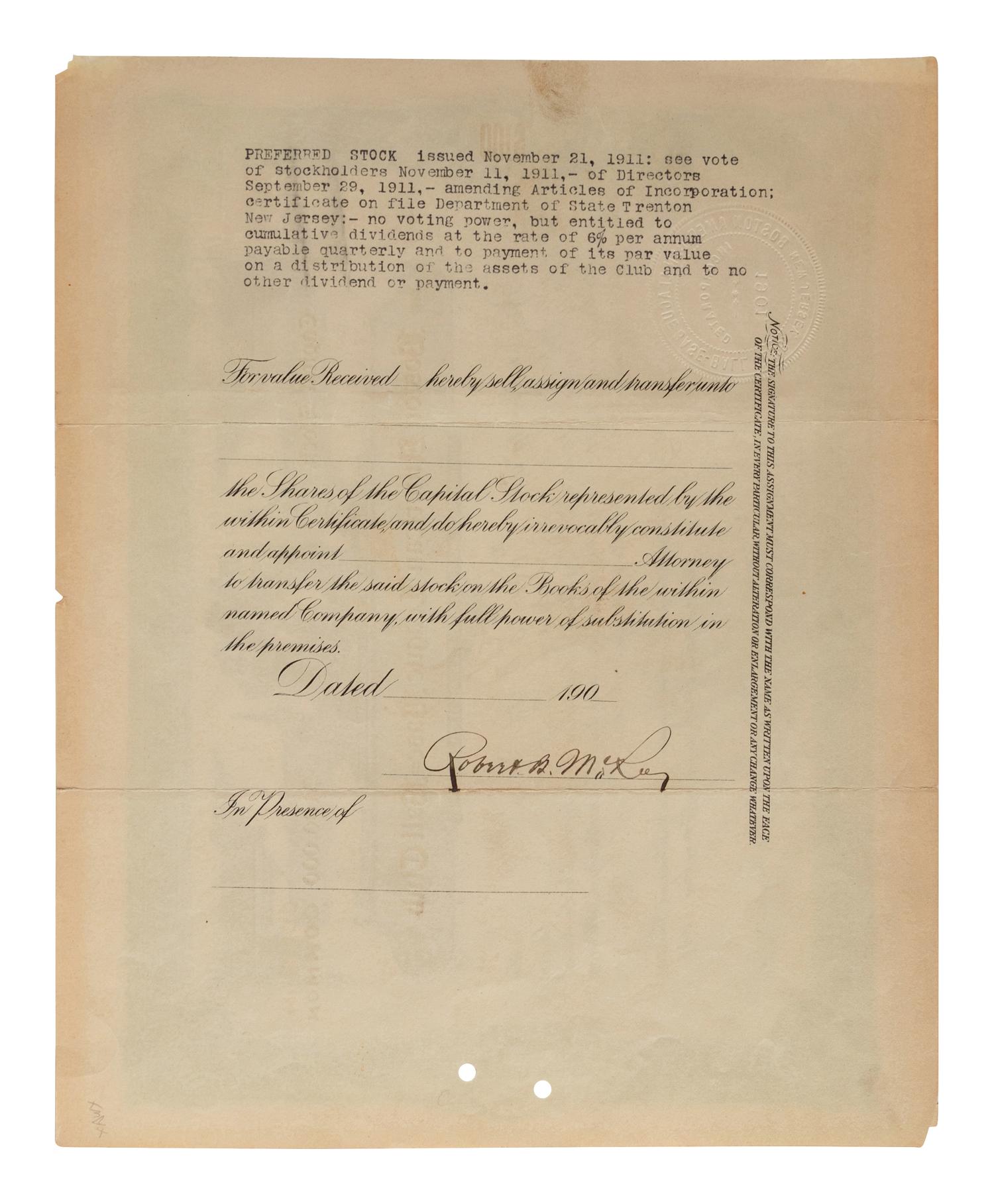 An Original 1911 Boston Red Sox Stock Certificate,