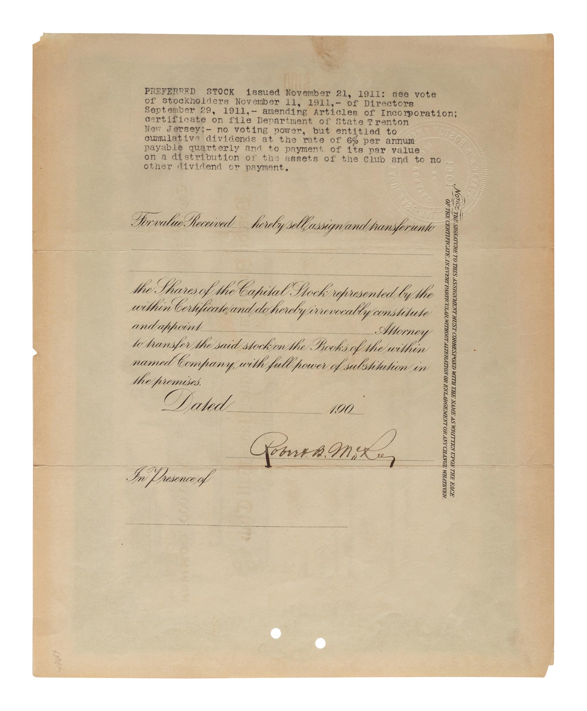 An Original 1911 Boston Red Sox Stock Certificate,