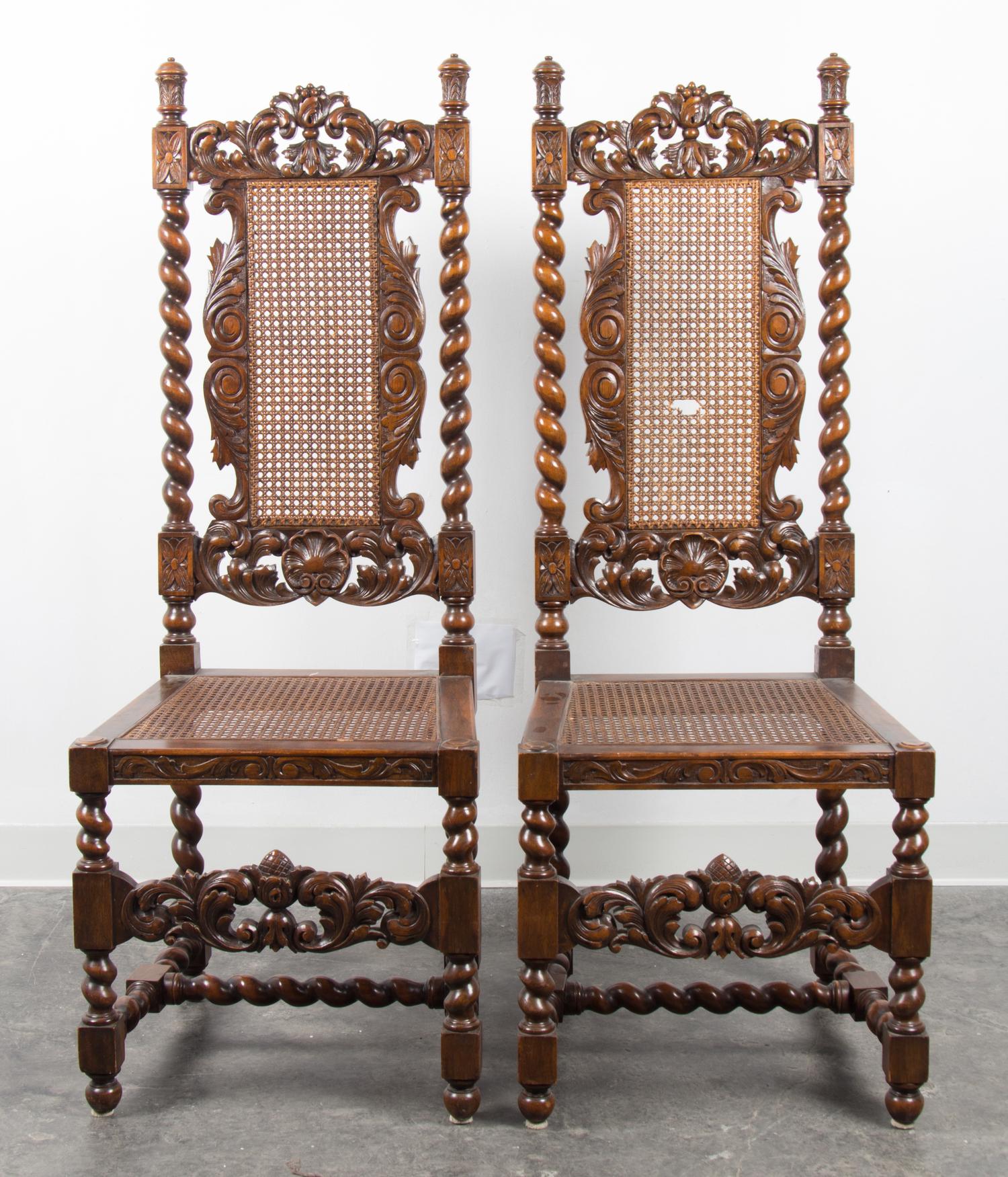 A Pair of Jacobean Style Side Chairs Height 51 1/2 x width 19 1/4 x depth 17 1/2 inches. — 20TH CENTURY