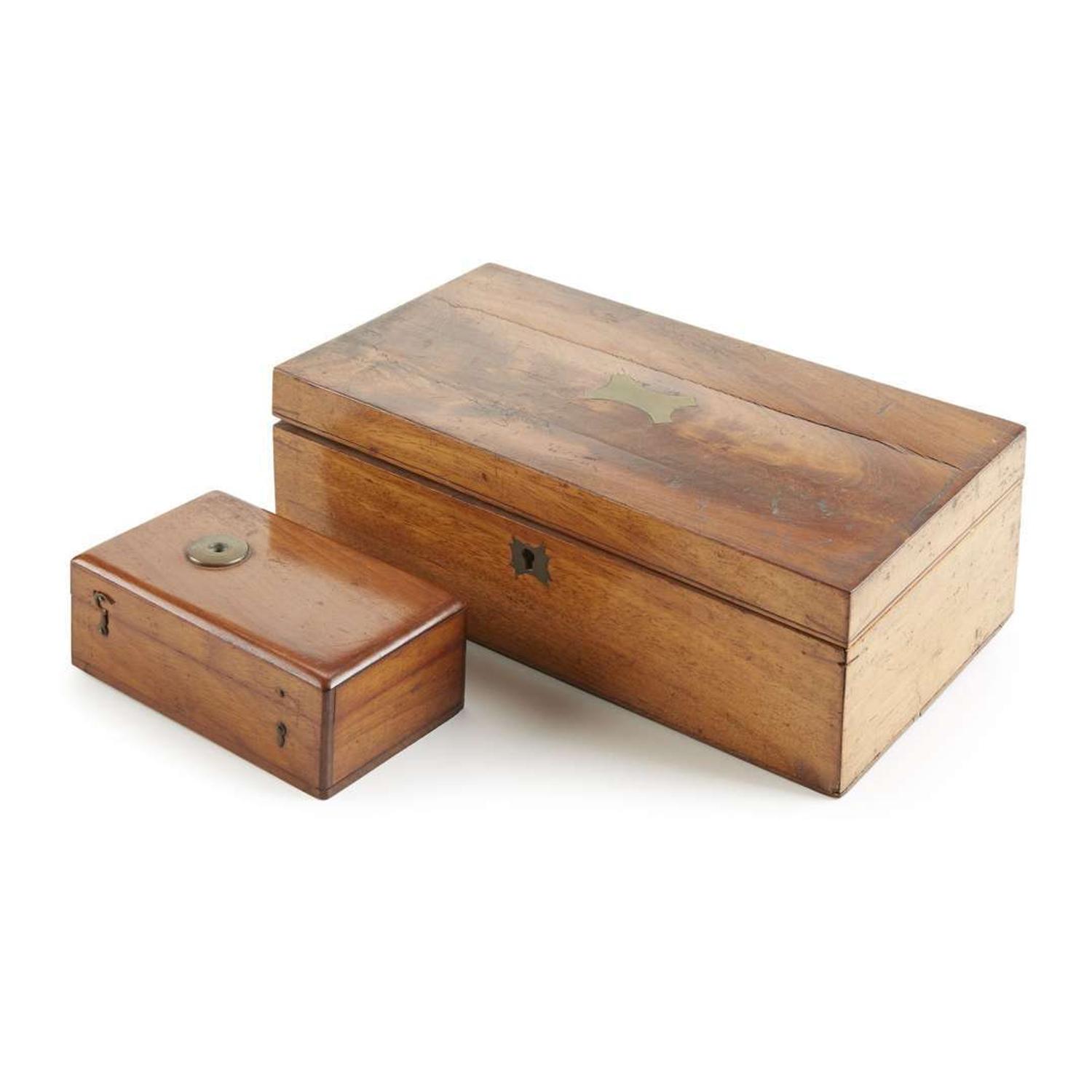 Two small brass compound monocular microscopes and brass-inlaid mahogany traveling boxes circa 1850