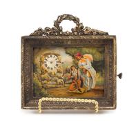 A Swiss Painted Metal and Brass Cased Erotic Desk Clock Height 4 3/4 x width 4 3/4 inches. — 19TH/20TH CENTURY