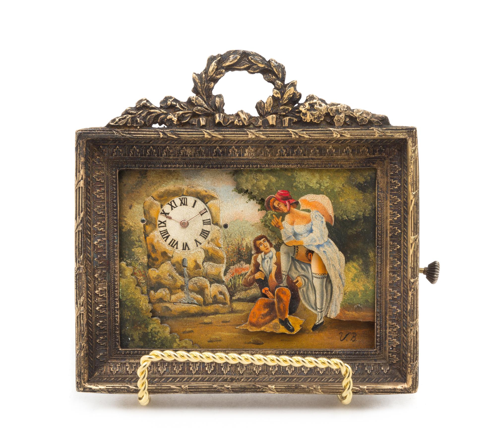 A Swiss Painted Metal and Brass Cased Erotic Desk Clock Height 4 3/4 x width 4 3/4 inches. — 19TH/20TH CENTURY