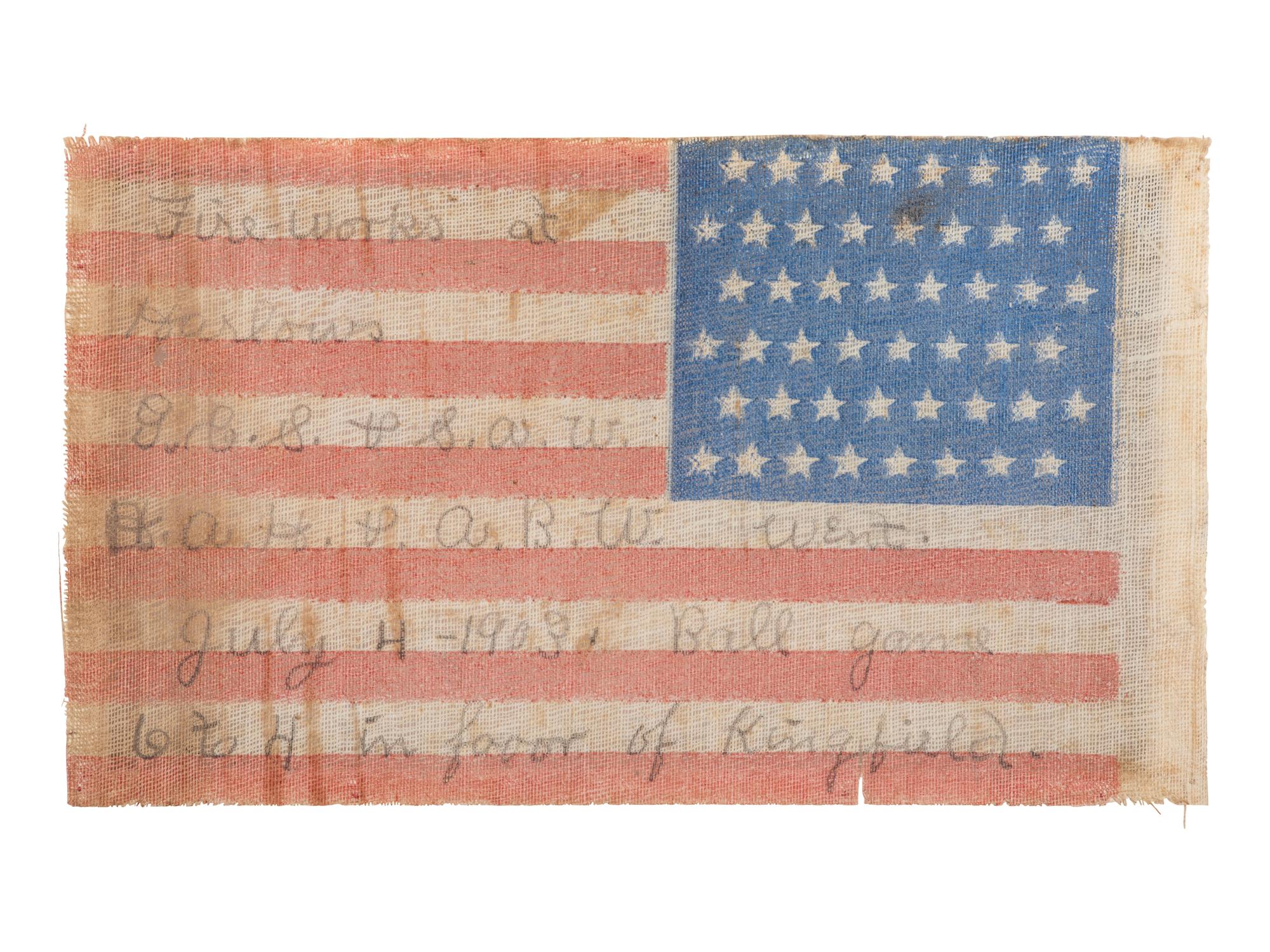 [FLAGS]. 48-Star baseball game flag with detailed inscription. Maine, Ca 1903.