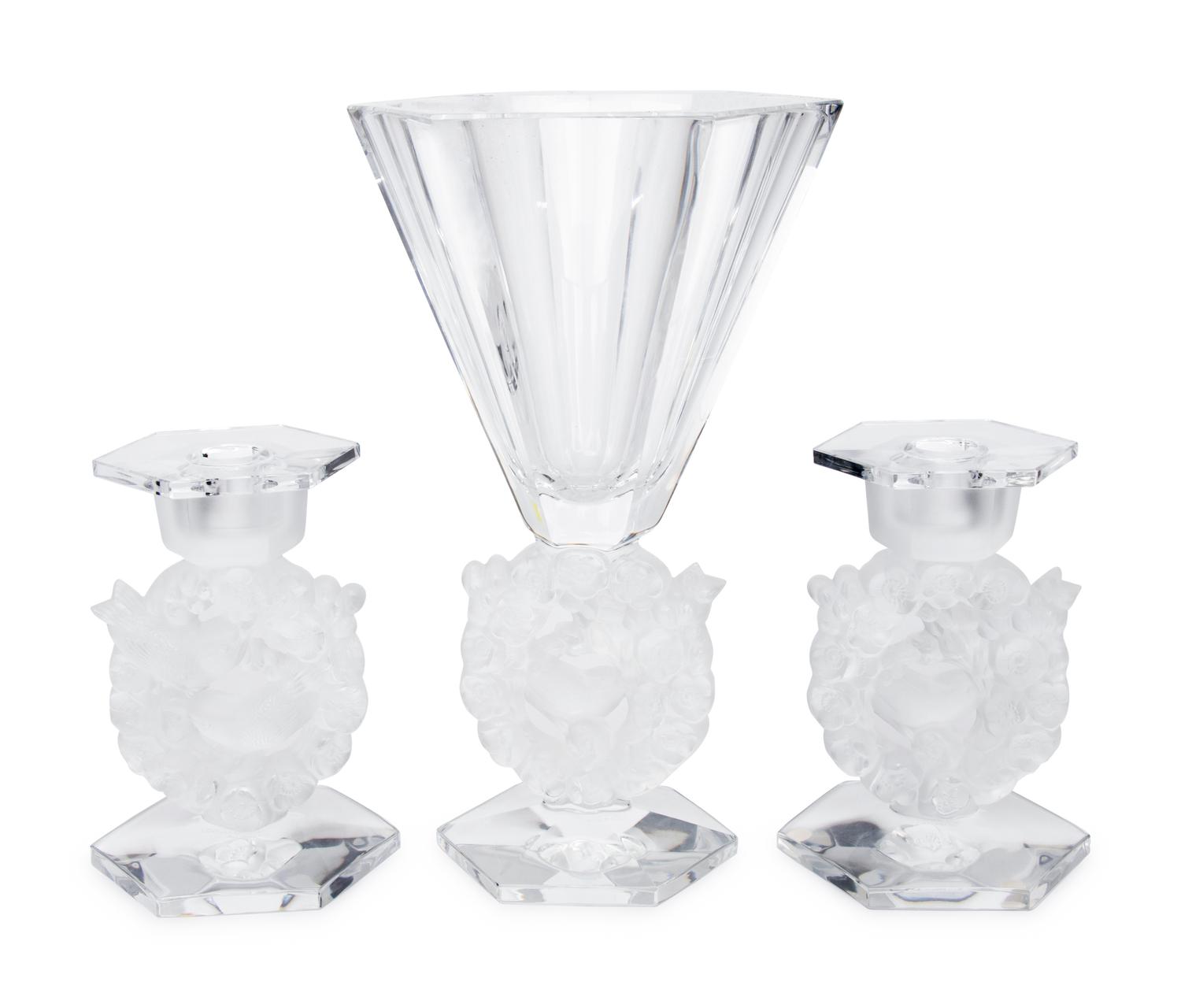 A Lalique Mesanges Vase and Pair of Candlesticks