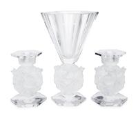 A Lalique Mesanges Vase and Pair of Candlesticks