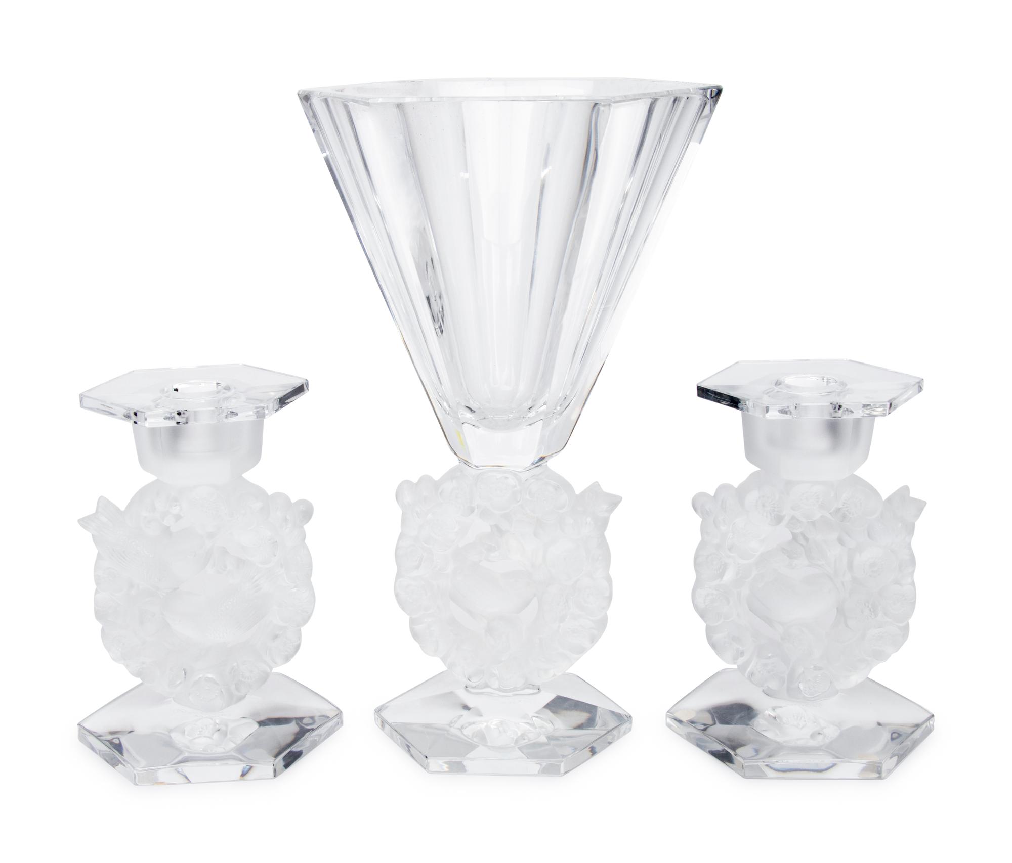 A Lalique Mesanges Vase and Pair of Candlesticks