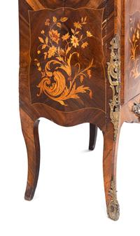 A Louis XV Style Gilt Metal Mounted Marquetry Marble-Top Vitrine Cabinet