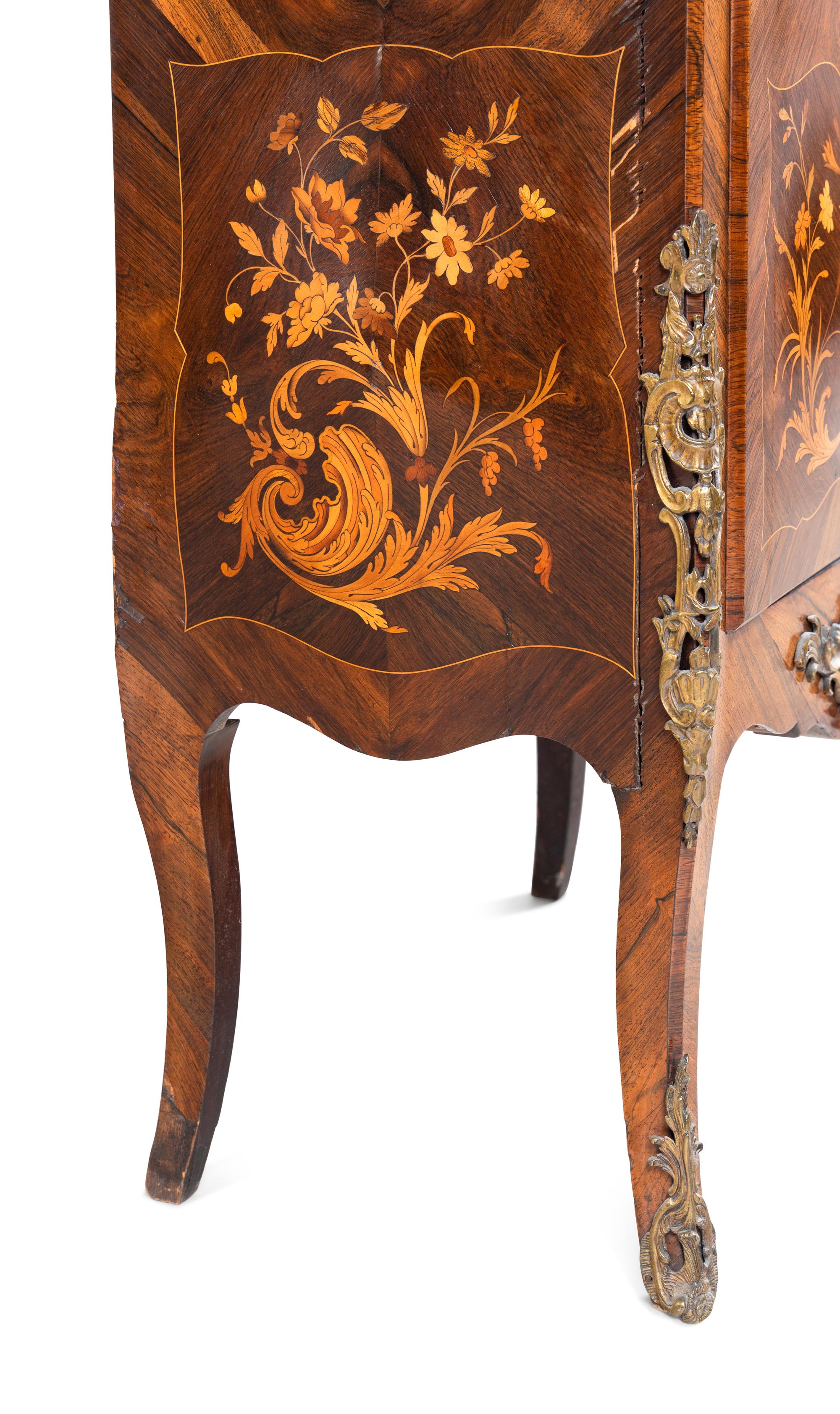 A Louis XV Style Gilt Metal Mounted Marquetry Marble-Top Vitrine Cabinet