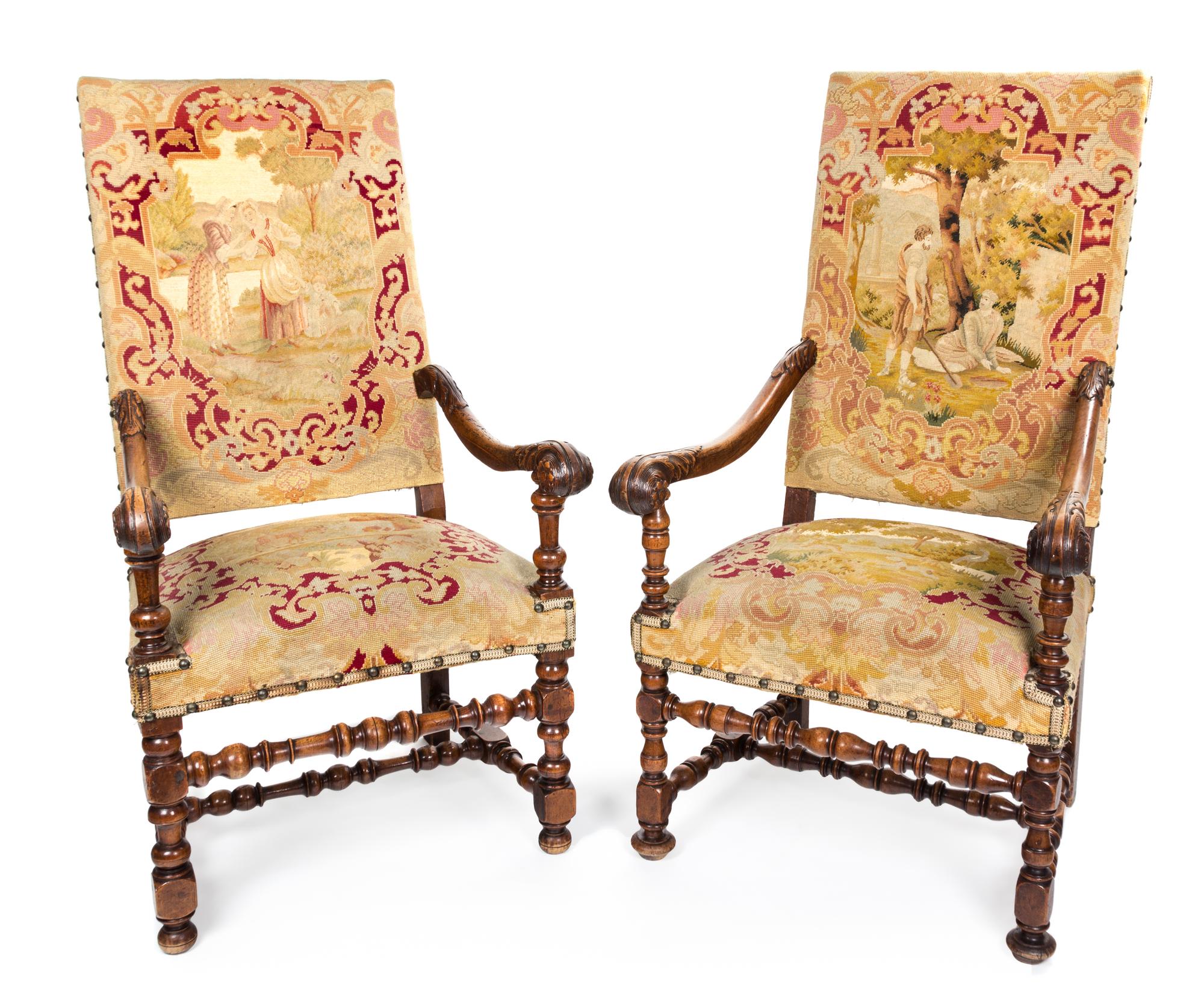 A Pair of Franco-Flemish Walnut Armchairs Height 40 inches. — PROBABLY 19TH CENTURY