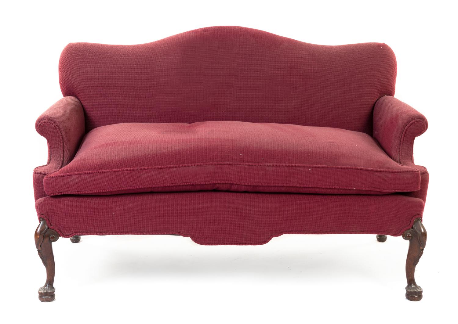 An Irish Mahogany Camel Back Settee Width 55 inches. — 19TH CENTURY