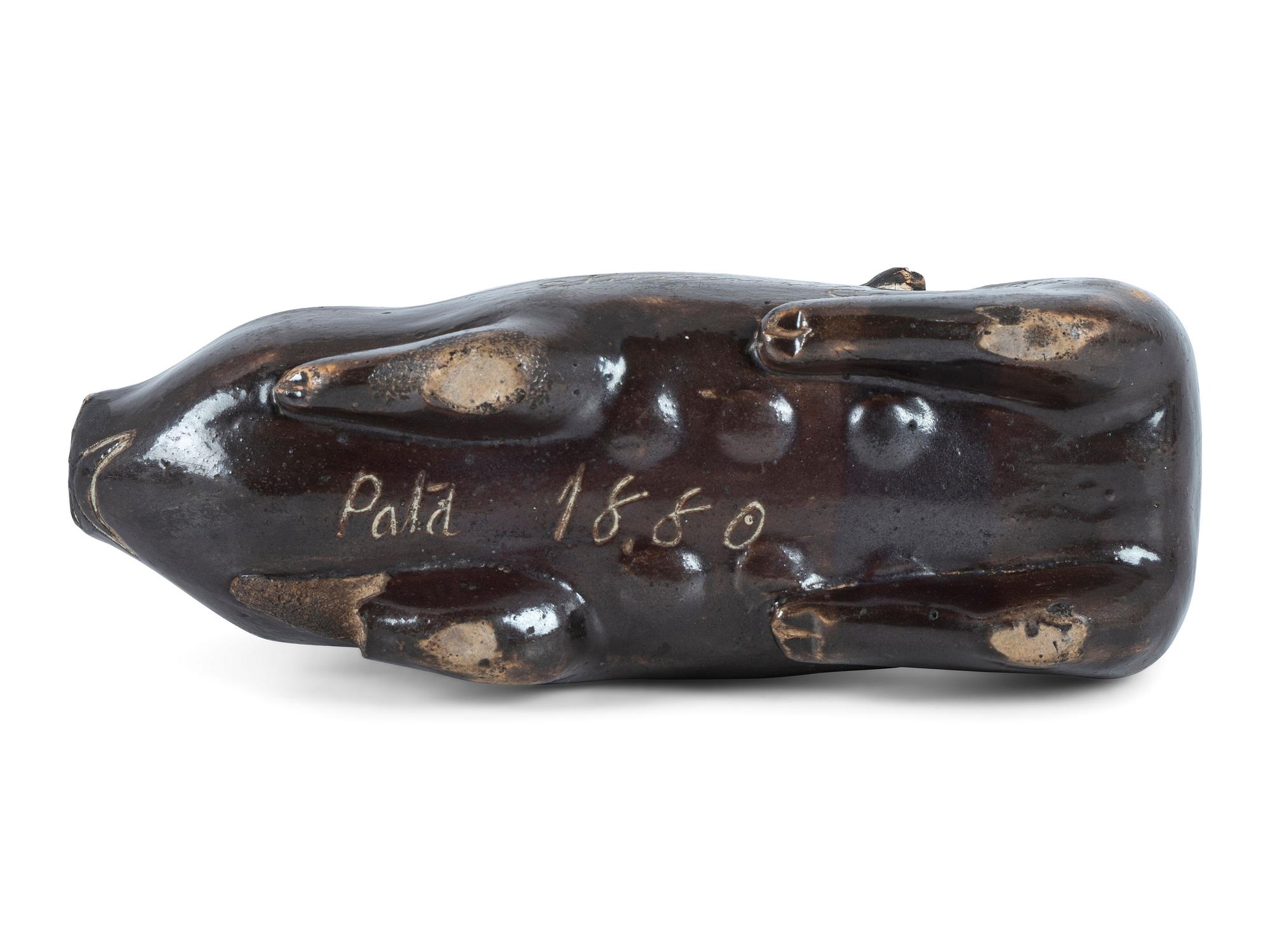 A Rare Mogadore, Ohio Inscribed Stoneware Pig Flask