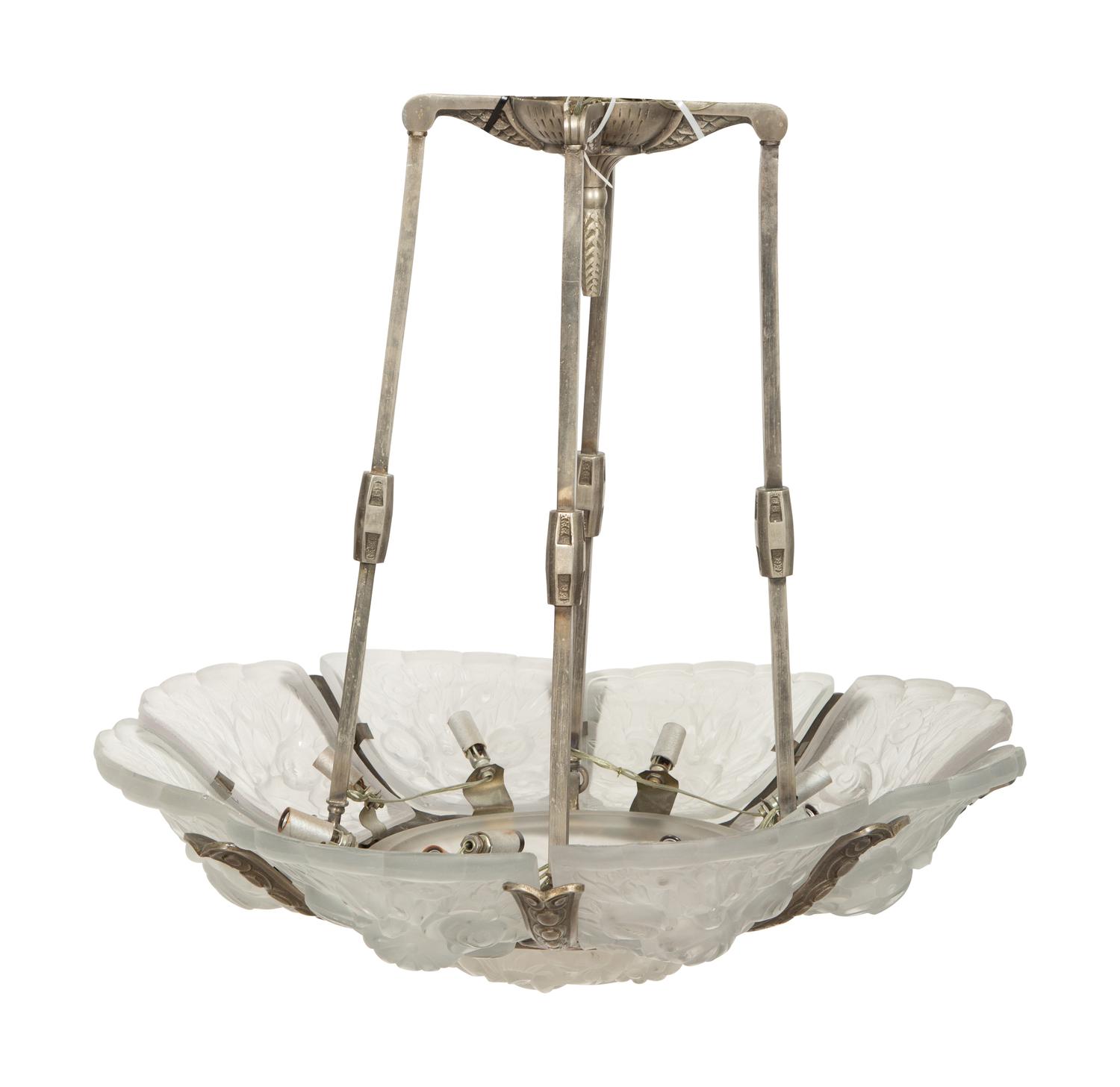A French Art Deco Molded and Frosted Glass Eight-Light Chandelier in the manner of Hettier & Vincent