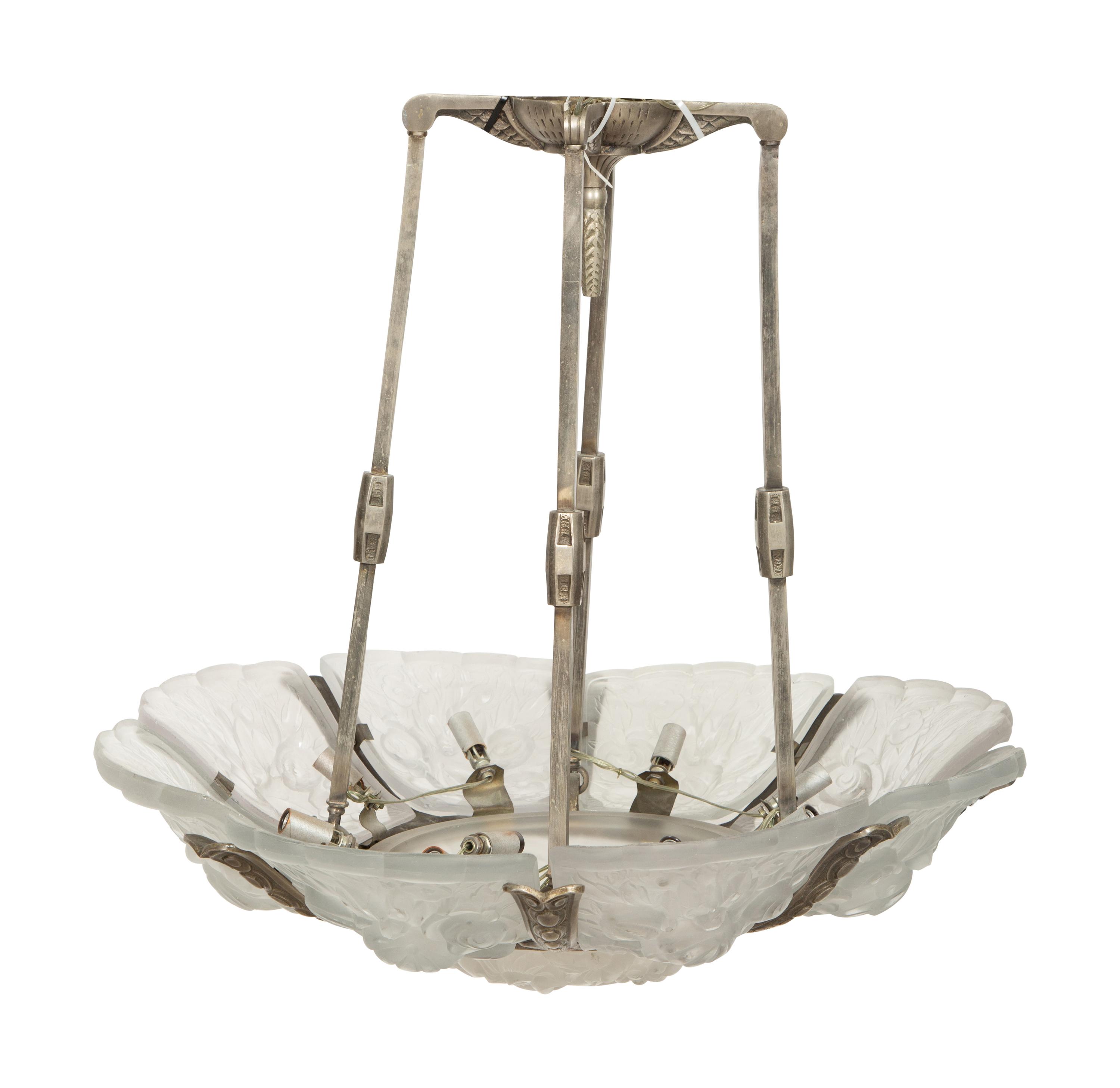 A French Art Deco Molded and Frosted Glass Eight-Light Chandelier in the manner of Hettier & Vincent