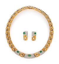 BICOLOR GOLD, EMERALD, AND DIAMOND NECKLACE AND EARRINGS