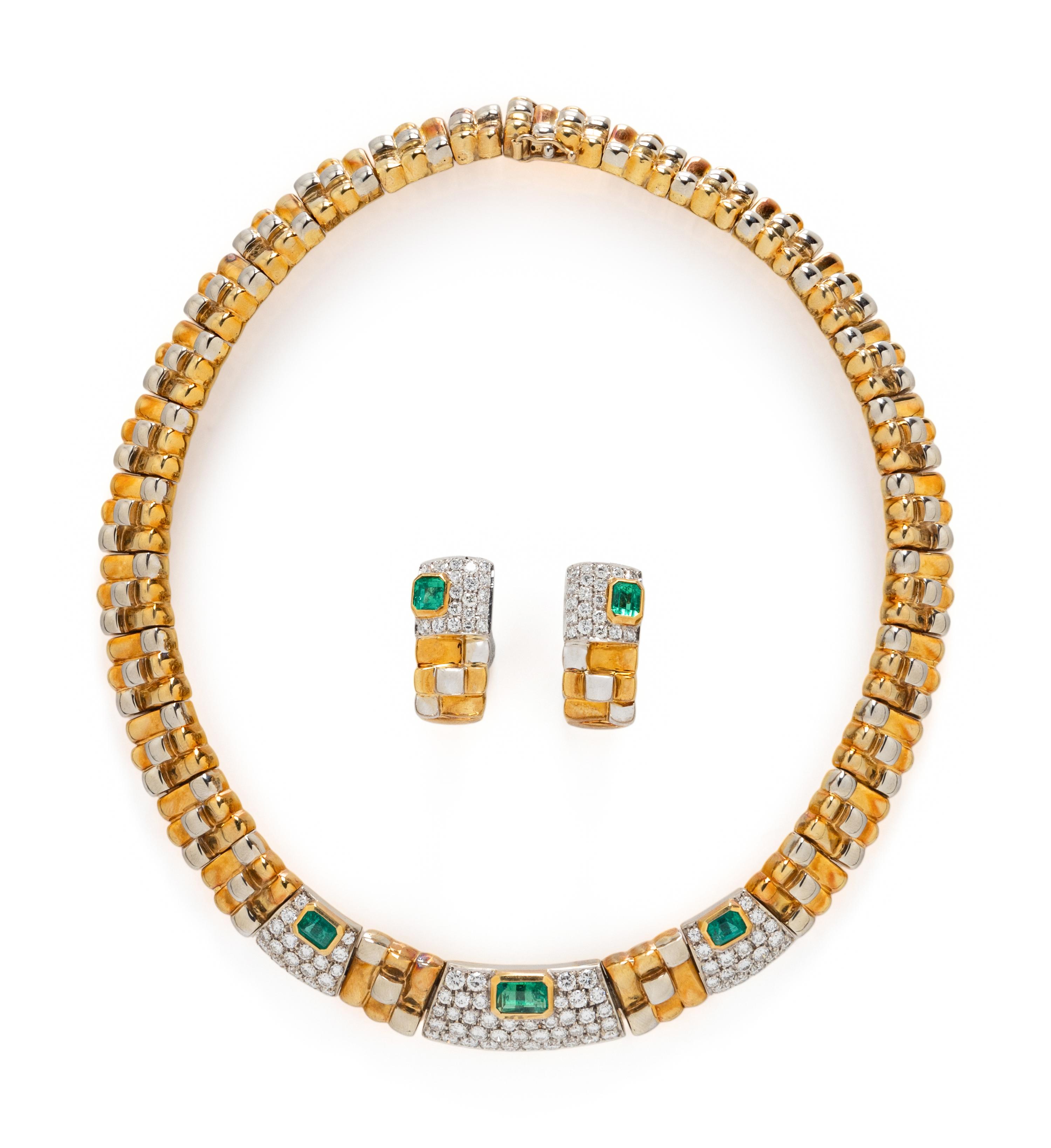 BICOLOR GOLD, EMERALD, AND DIAMOND NECKLACE AND EARRINGS