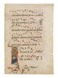 EMILIA ILLUMINATOR Leaf from an Antiphonary with a historiated initial ‘I’ depicting St. Augustine beneath a gothic canopy, in Latin, illuminated manuscript on parchment [Italy, Emilia-Romagna, c. 1300–1325]