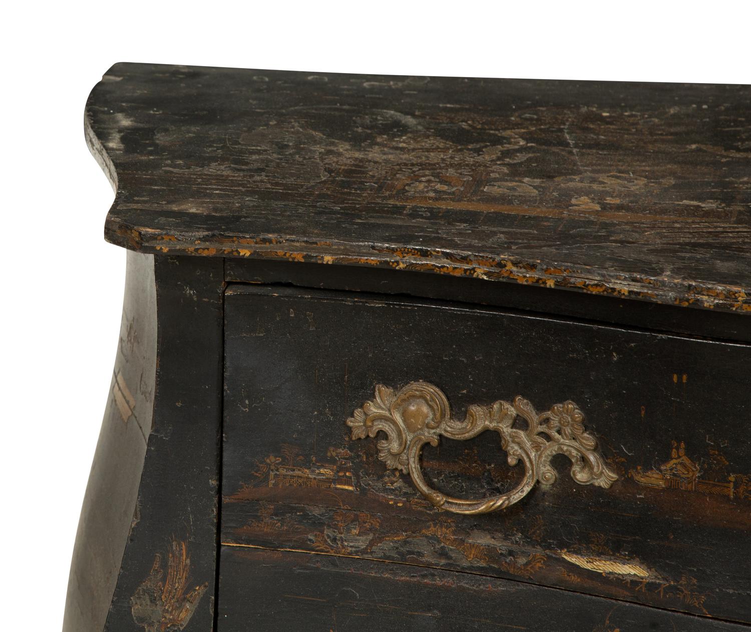 A Louis XV Black and Gilt Japanned Bombé Commode