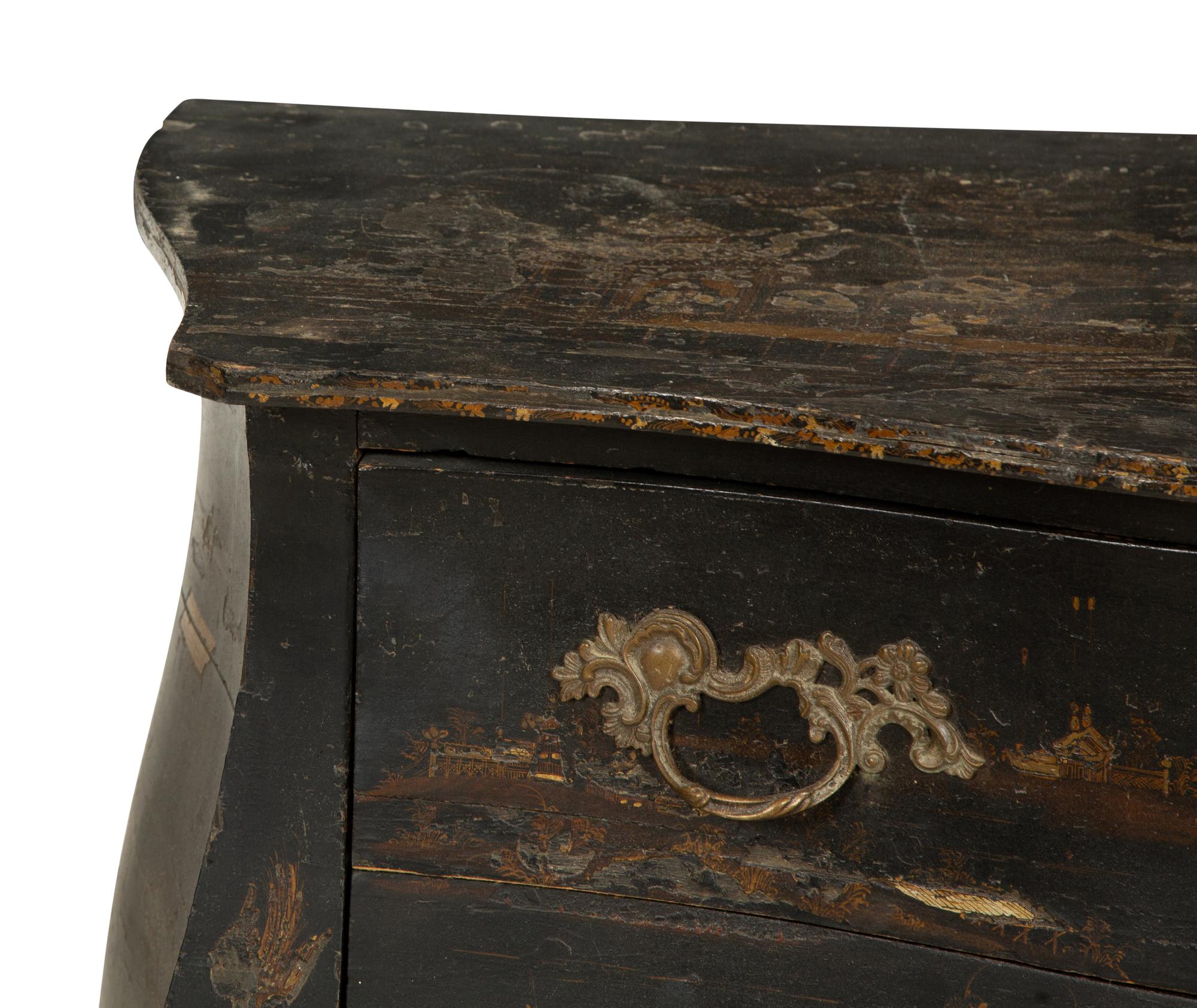 A Louis XV Black and Gilt Japanned Bombé Commode