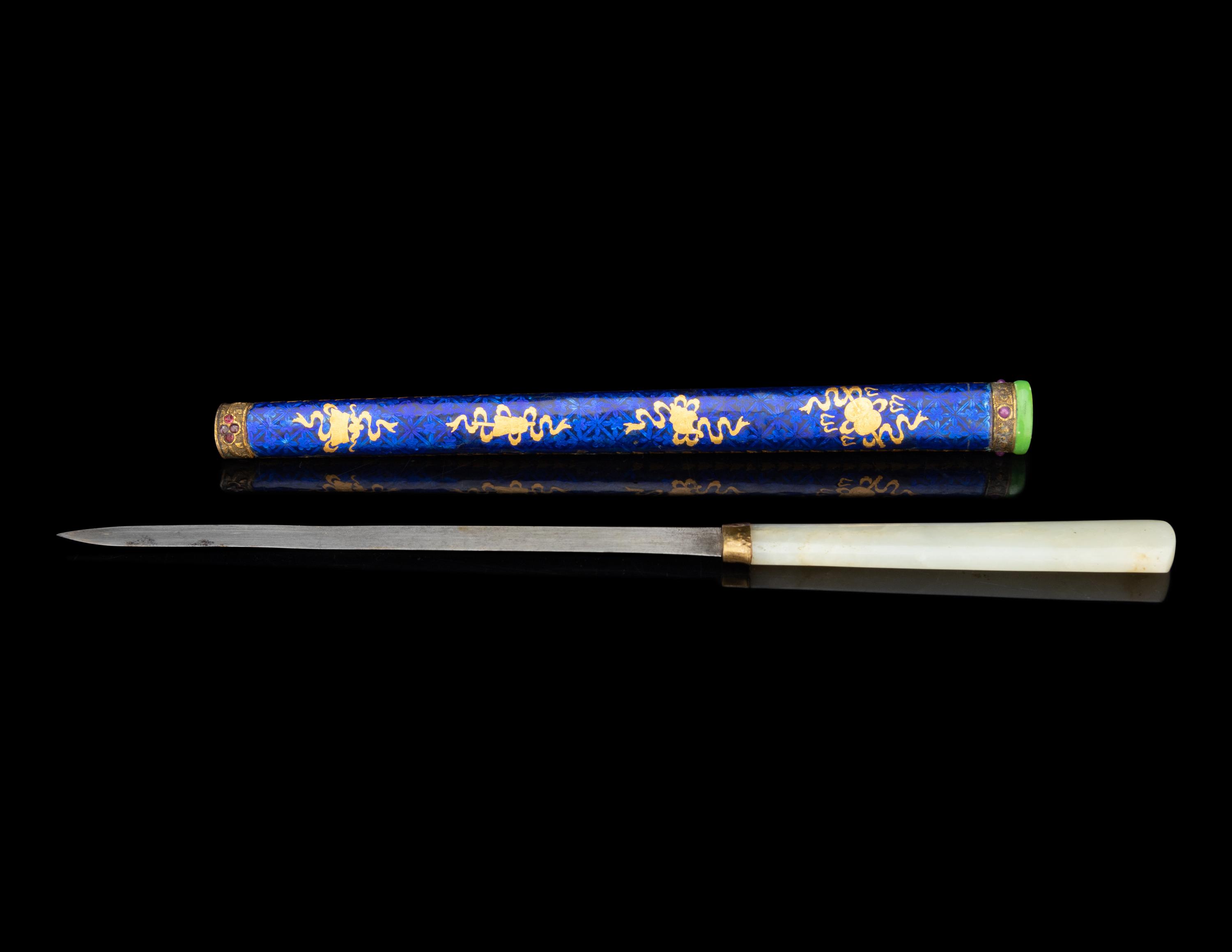 A Jade Handled Knife and Blue Enameled Metal Scabbard with Gilt Decoration