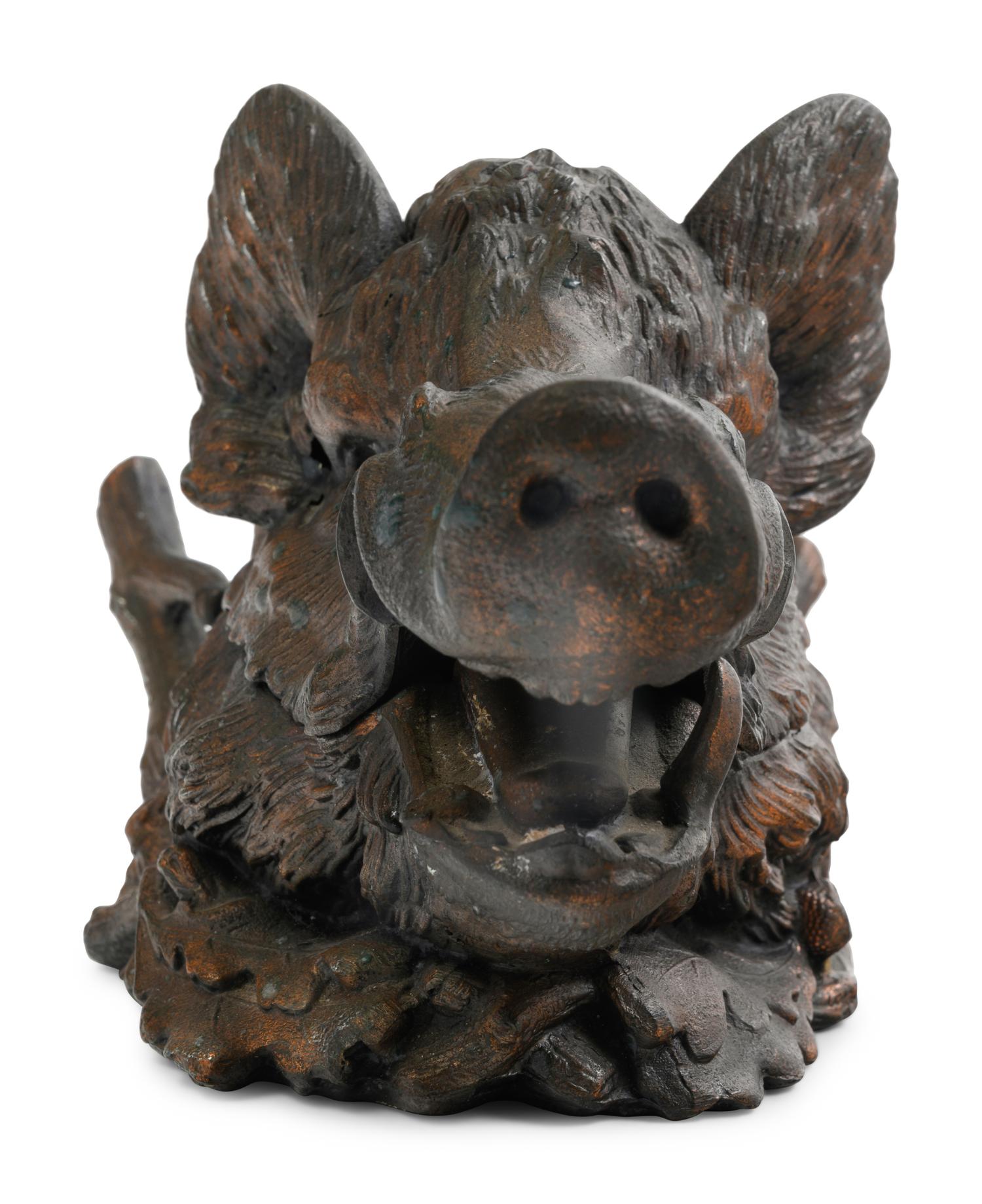 A French Patinated Metal Boar's Head Ink Stand After Christophe Fratin (French, 1801-1864)