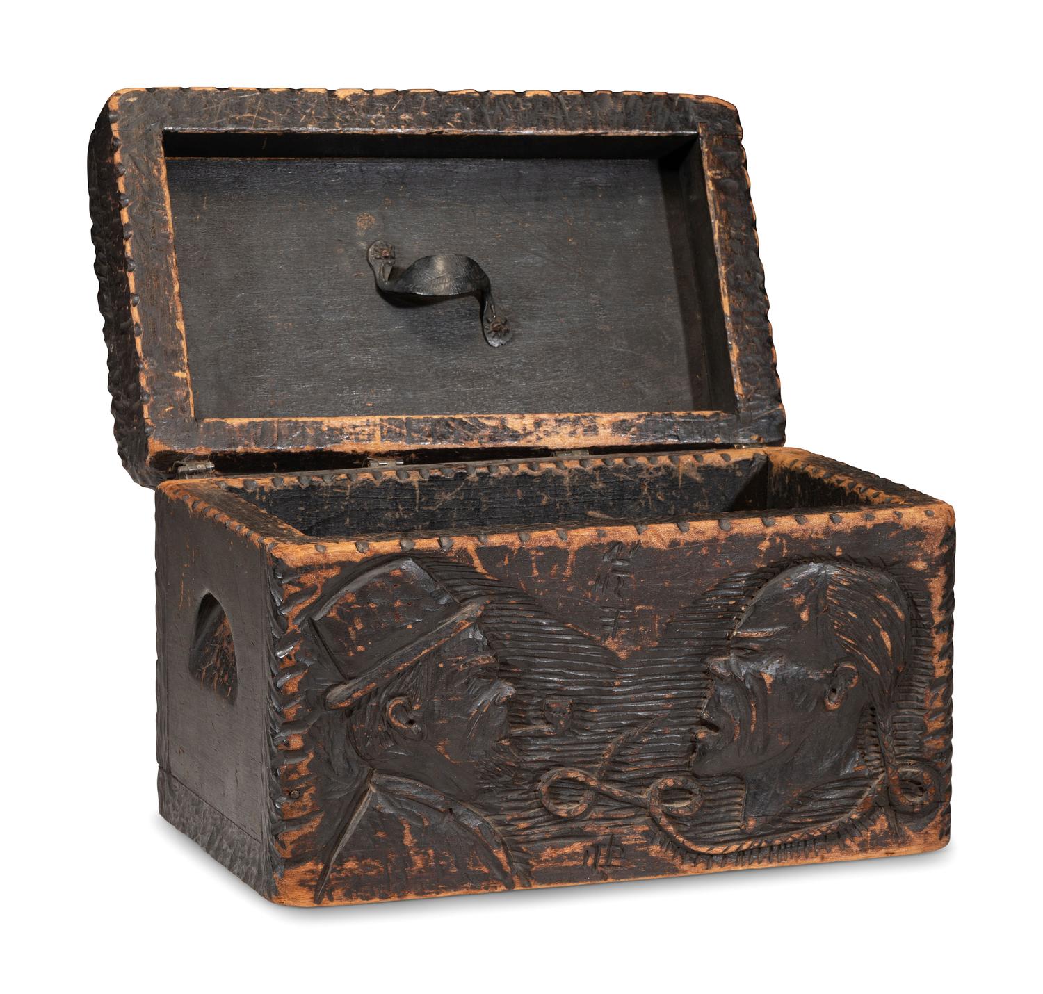 A Folk Art Carved and Stained Pine Tea or Tobacco Storage Box