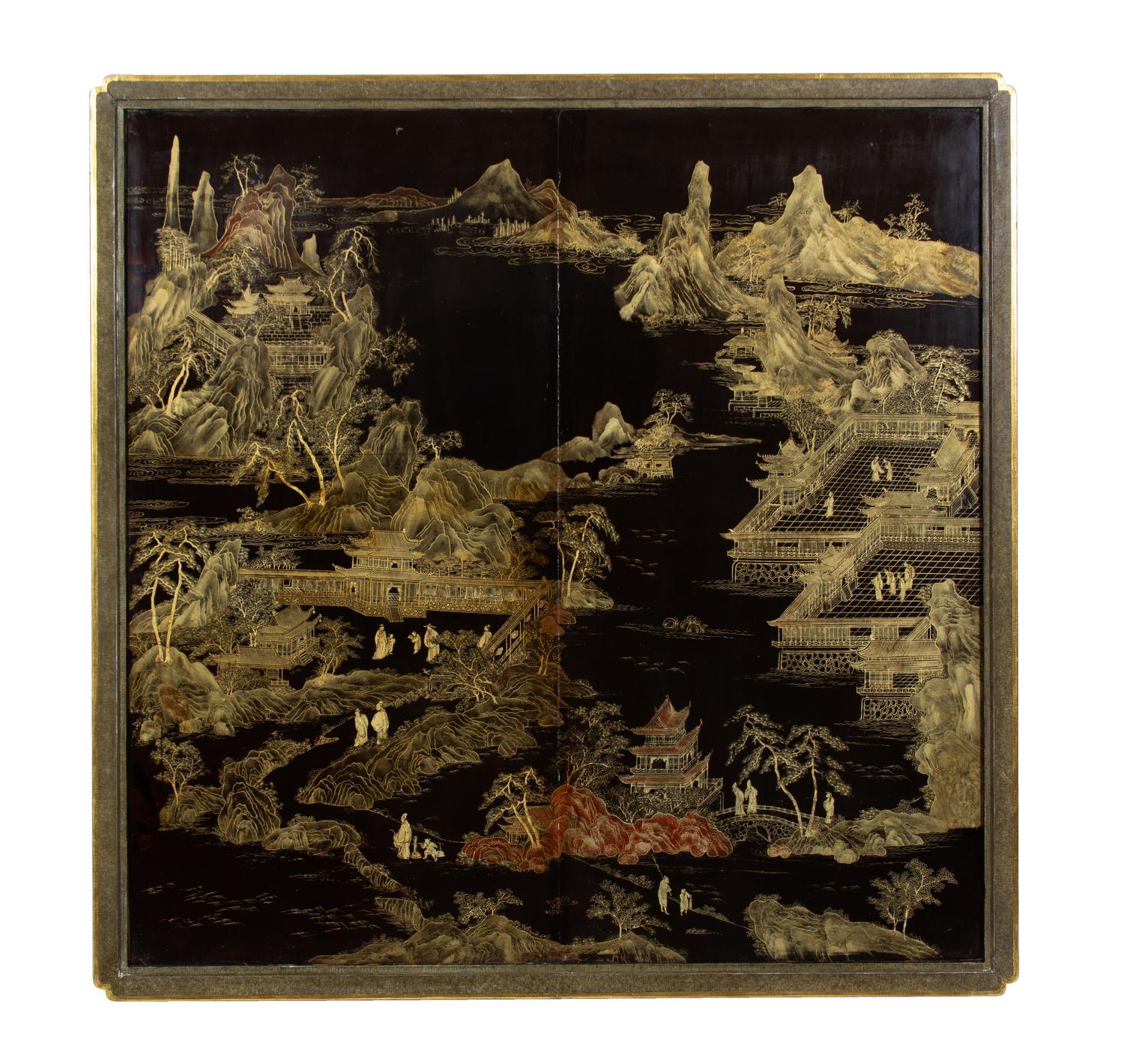 A Chinese Black and Gilt Lacquer Panel Inset in a Modern Low Table Base Height 15 x width 45 x depth 45 inches. — CIRCA 1800