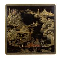 A Chinese Black and Gilt Lacquer Panel Inset in a Modern Low Table Base Height 15 x width 45 x depth 45 inches. — CIRCA 1800