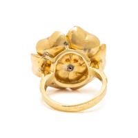 YELLOW GOLD, CULTURED PEARL, AND DIAMOND FLOWER RING