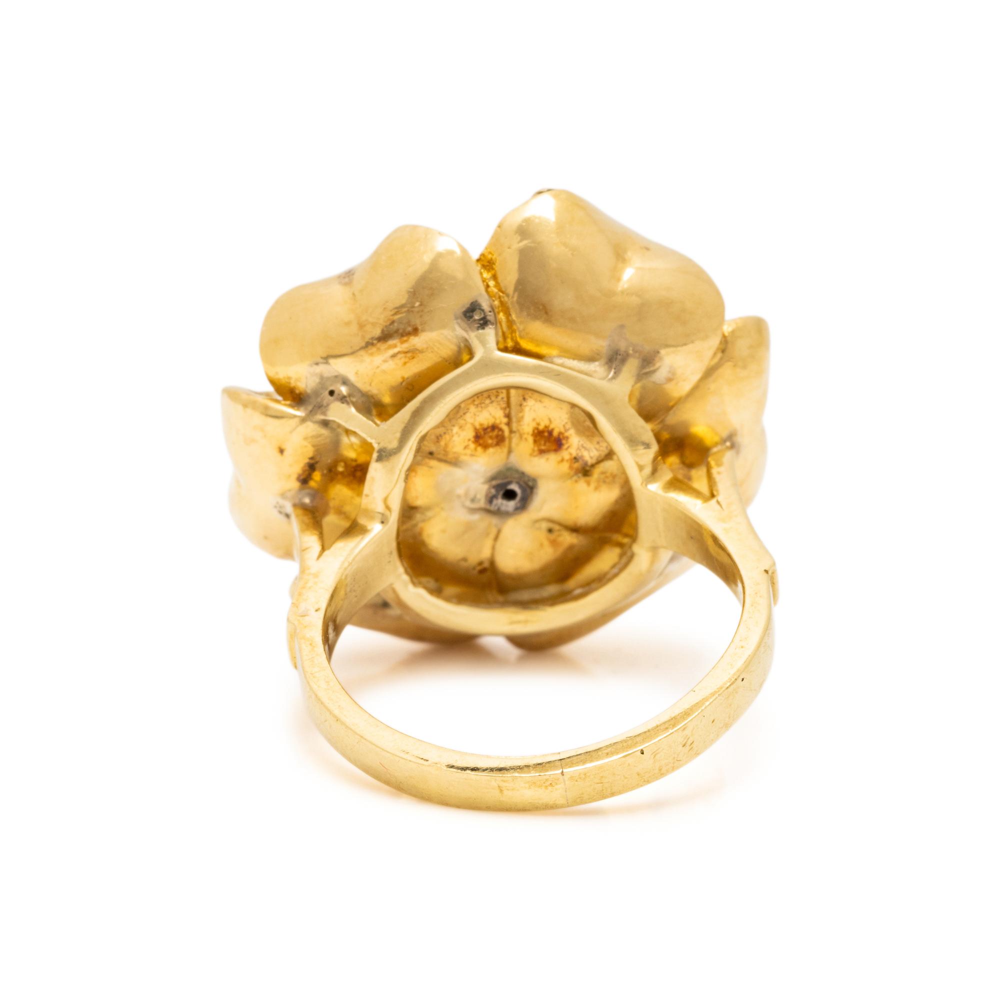 YELLOW GOLD, CULTURED PEARL, AND DIAMOND FLOWER RING